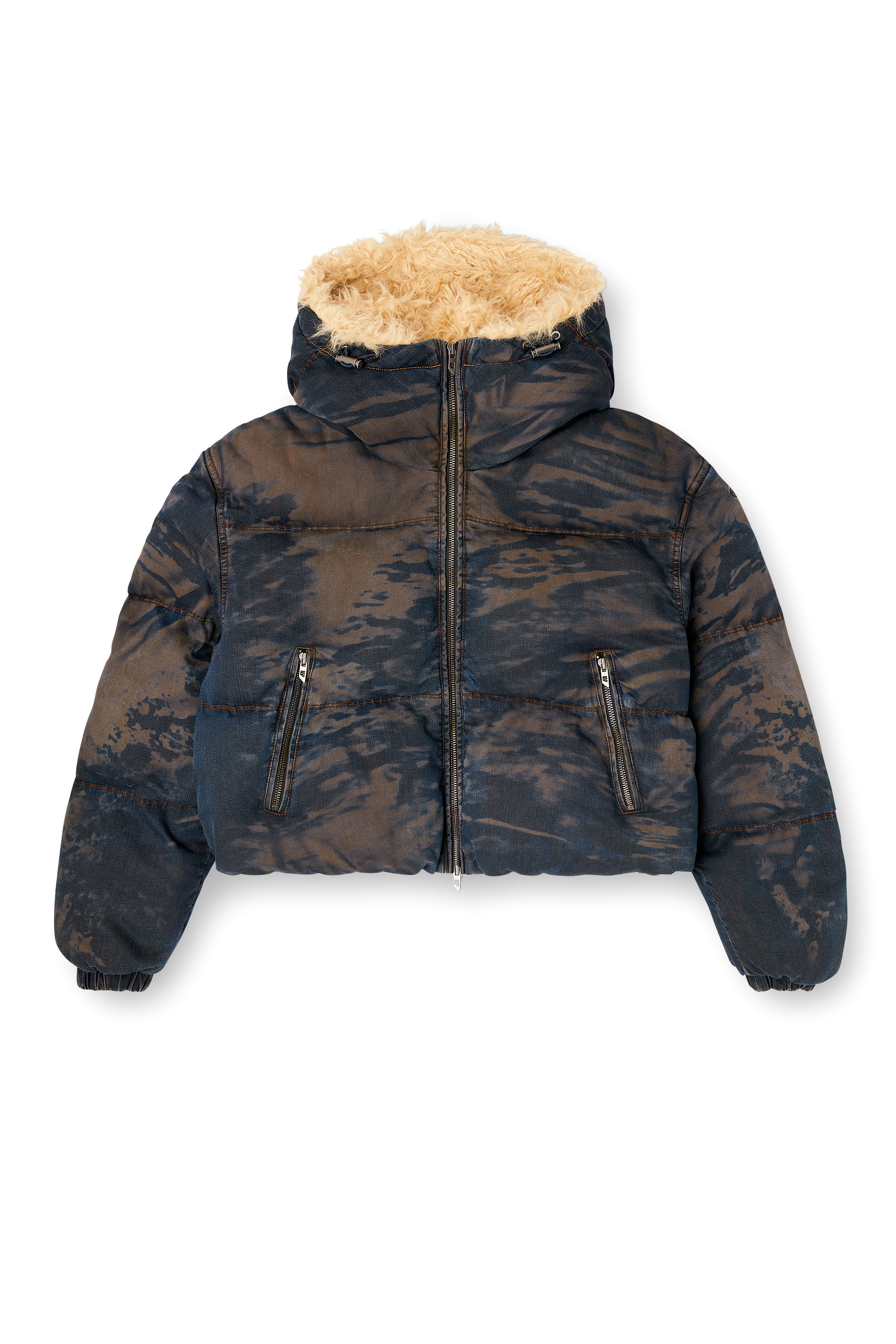 Diesel - W-AVES-FUR, Woman's Hooded puffer jacket in dirt-effect camo denim in Black/Brown - 3