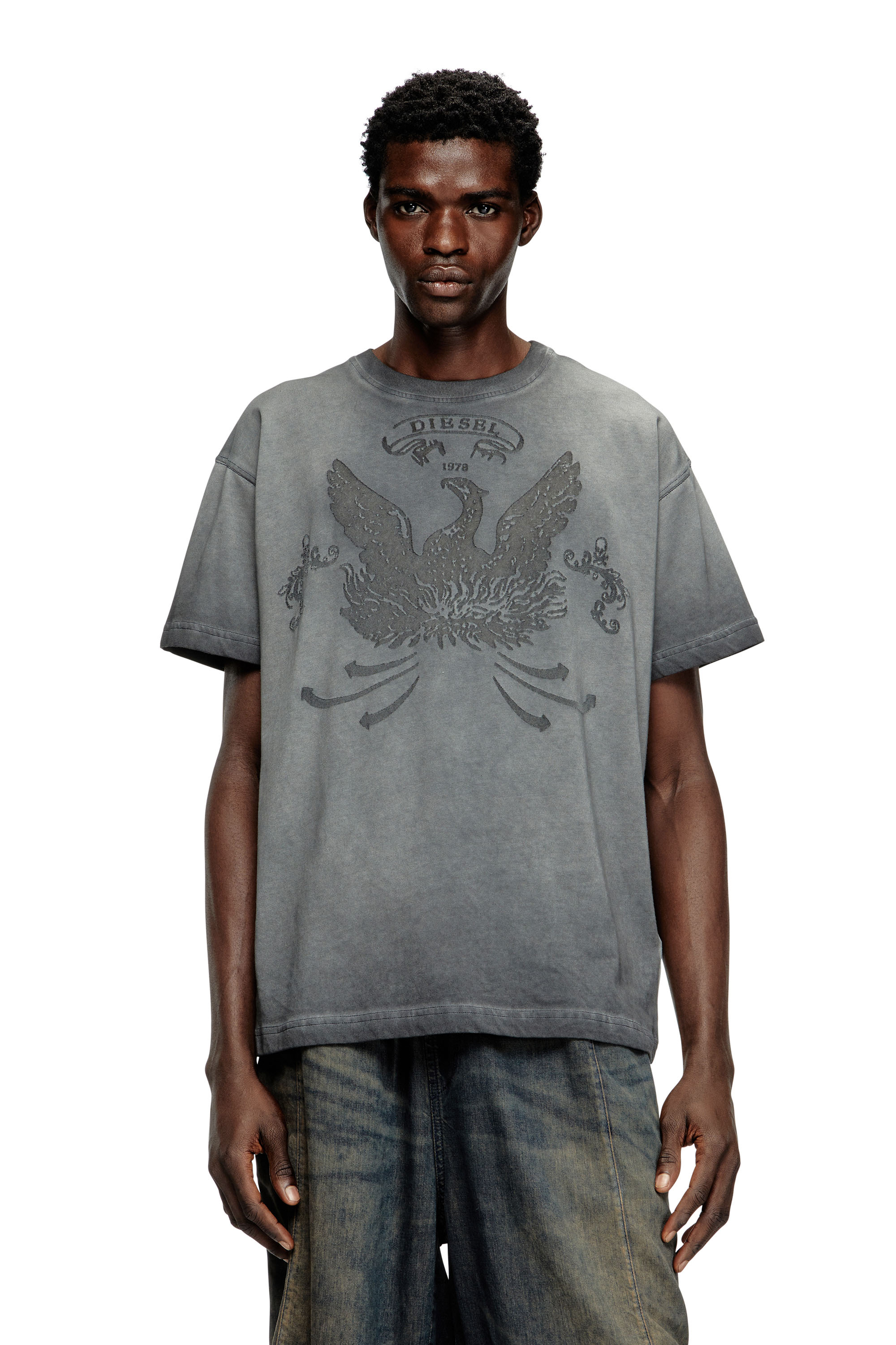 Diesel Men's Grey - T-Shirt With Phoenix Devoré - T-Shirts - Man Xxl