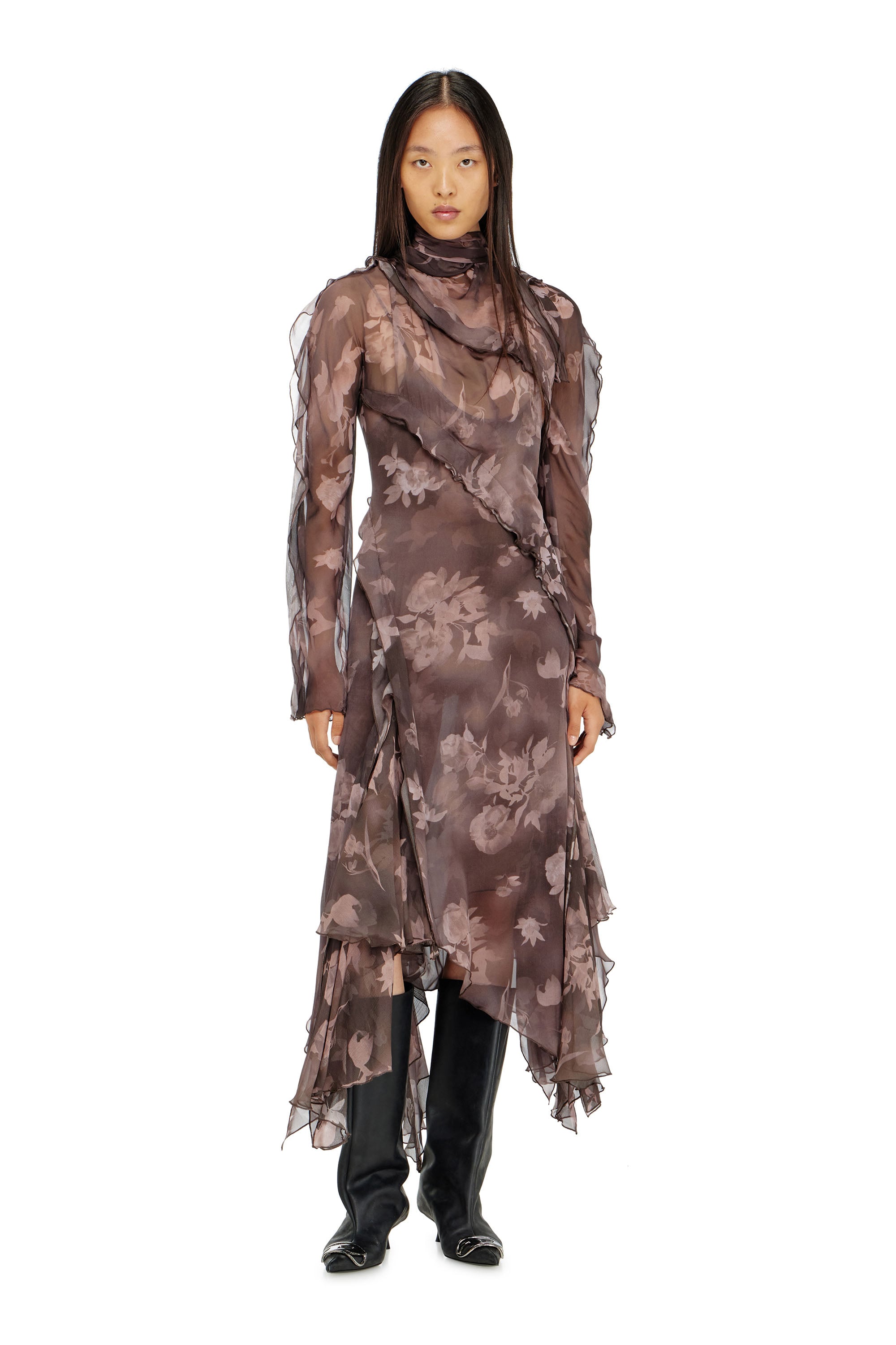 Diesel Kvinders Brun - Asymmetric Midi Dress In Chiffon And Silk-Crepe - Dresses - Woman Størrelse 42