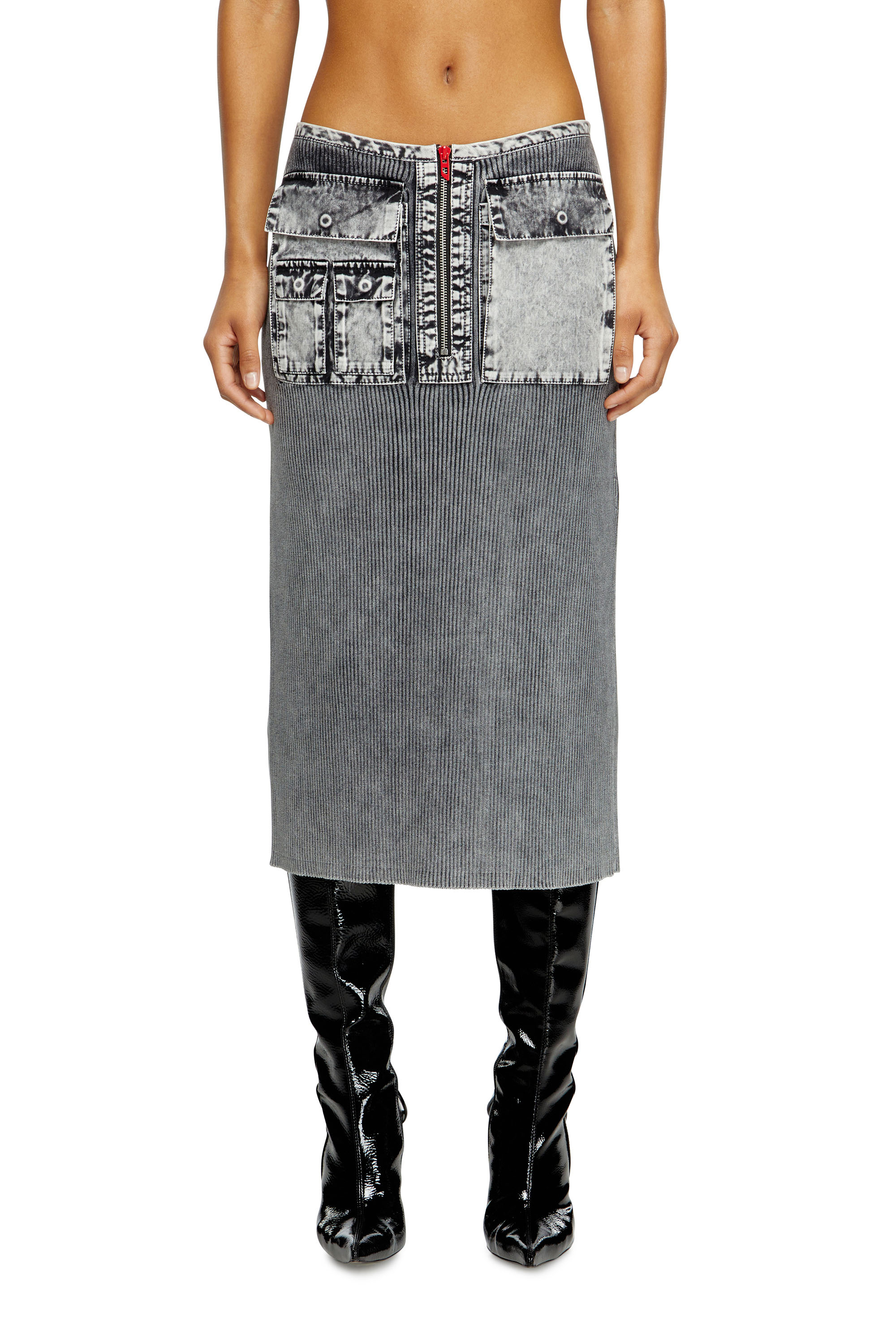 Knit midi skirt with denim cargo pockets - Skirts