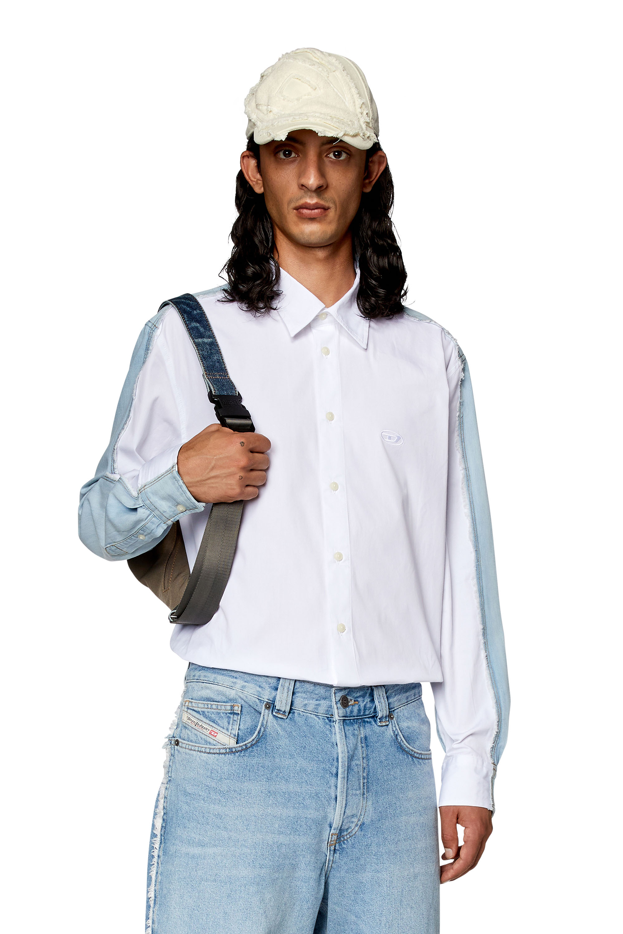 Diesel - Shirt in poplin and raw-edge denim - Shirts - Man - White