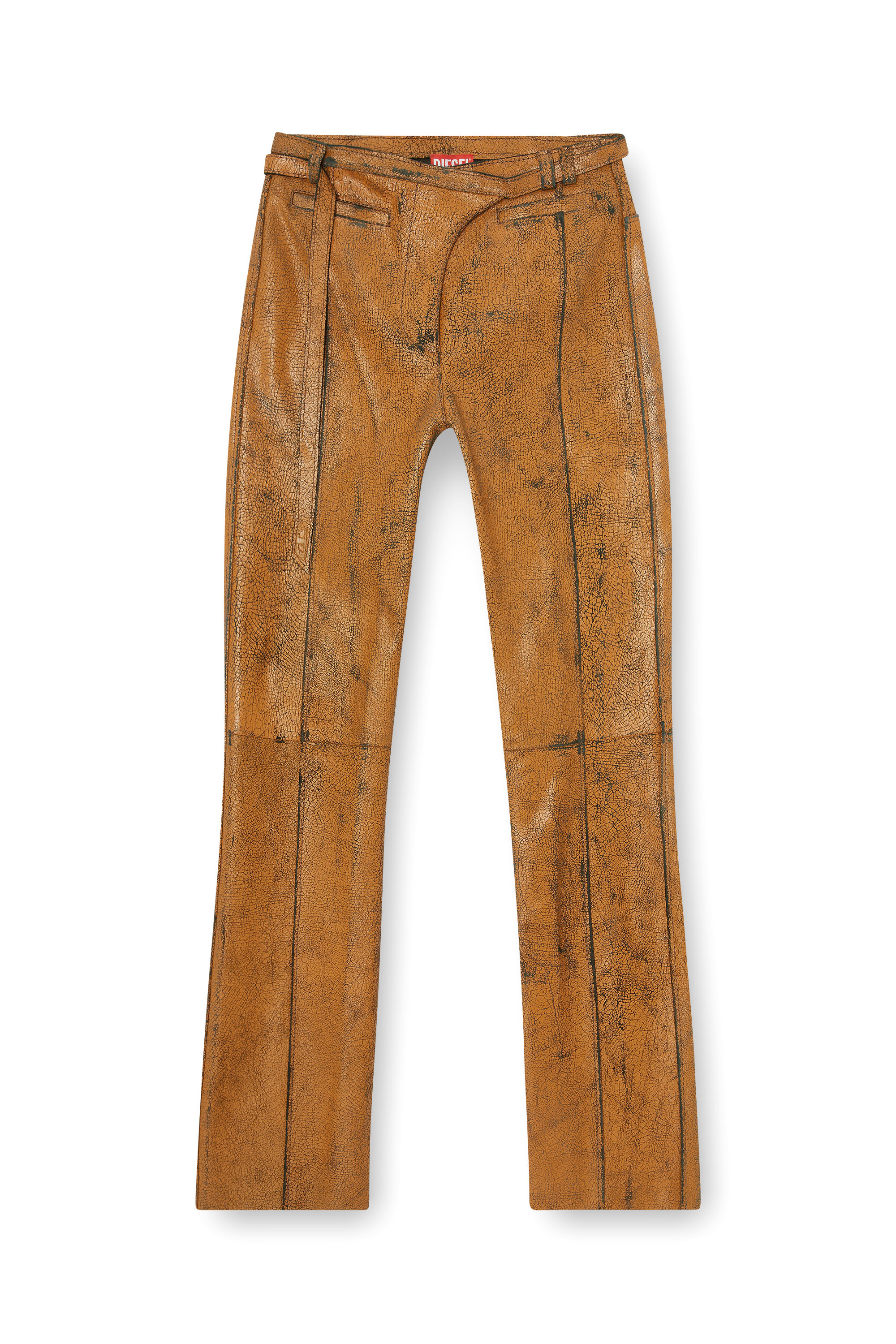 Diesel - L-CROC, Woman's Leather pants with crackled effect in Brown - 2