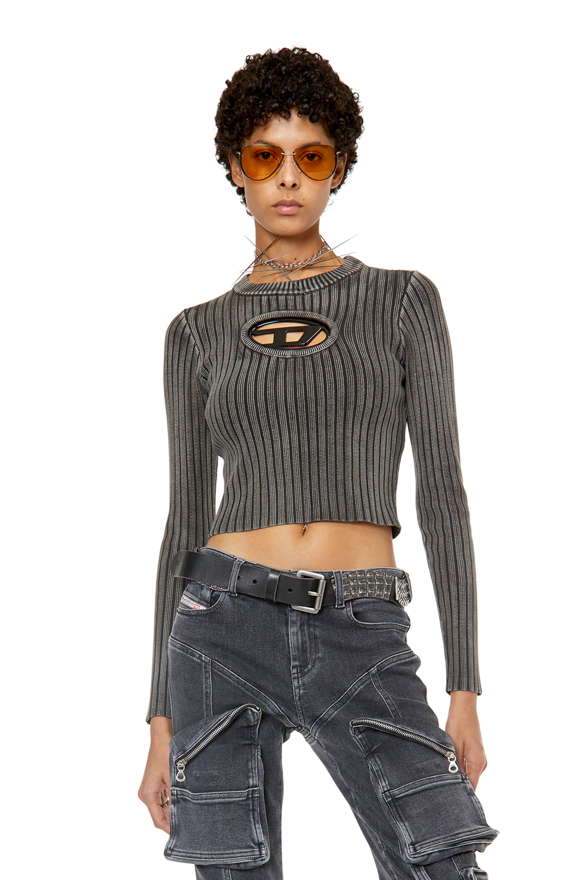 Diesel - Ribbed top with oval D plaque - Knitwear - Woman - Grey
