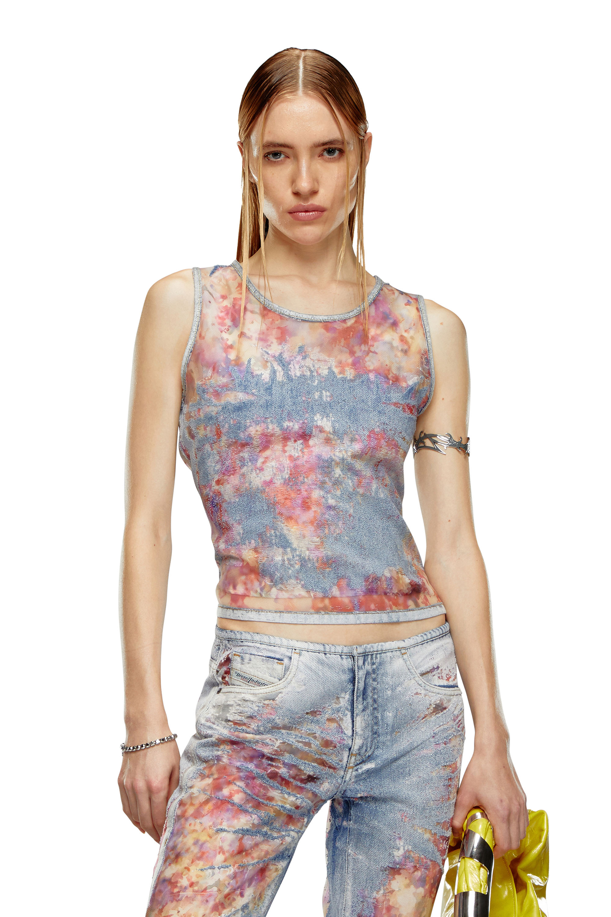 Diesel - Camiseta sin mangas en denim dévoré con flores - Tops - Mujer - Azul marino