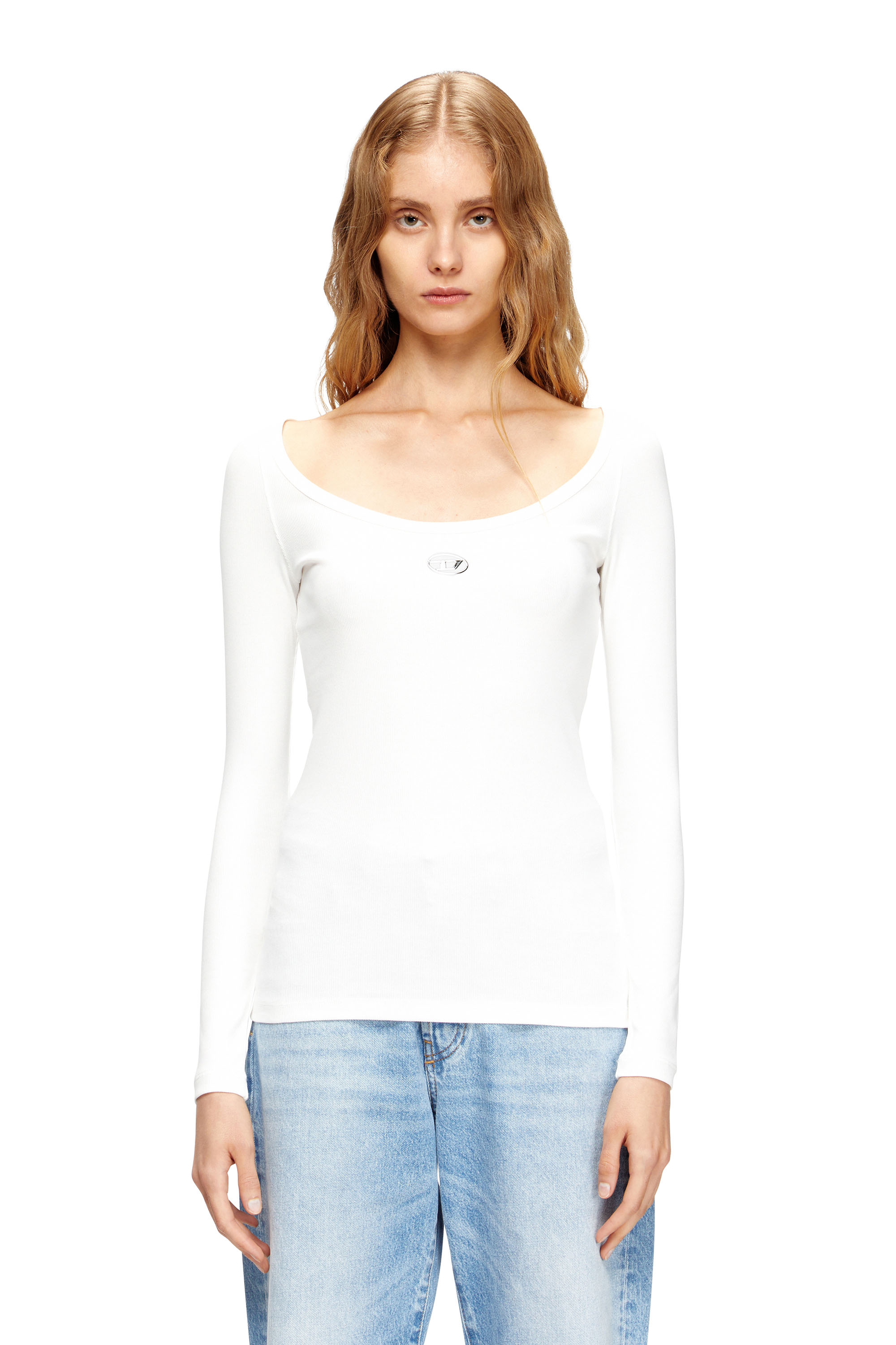 Diesel Damen Weiss - Langärmliges, Geripptes Oberteil Mit Metallischem Oval D - T-Shirts Xxs