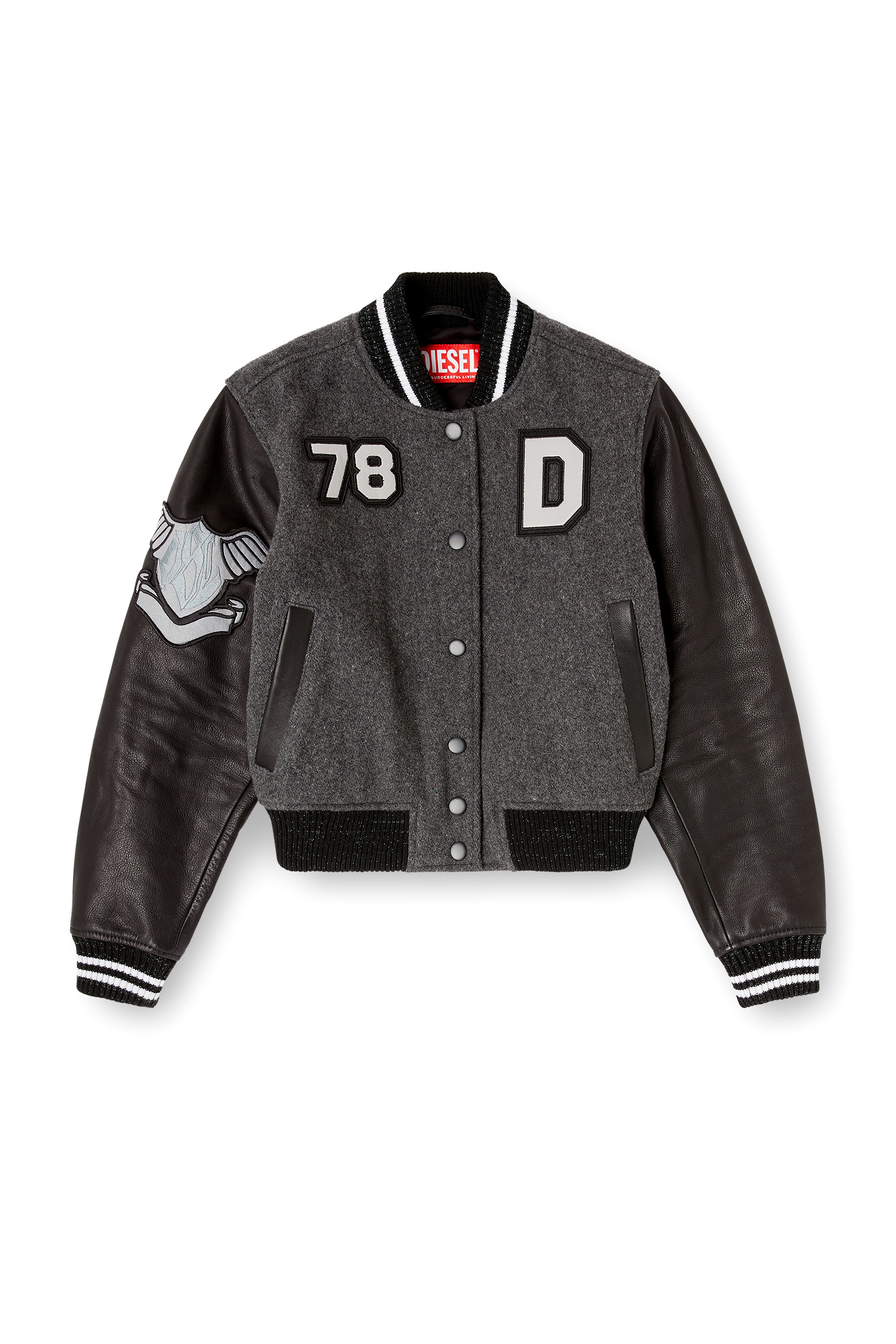 Diesel - L-REAL-CP, Woman's Cropped varsity jacket in wool and leather in Black/Grey - 3