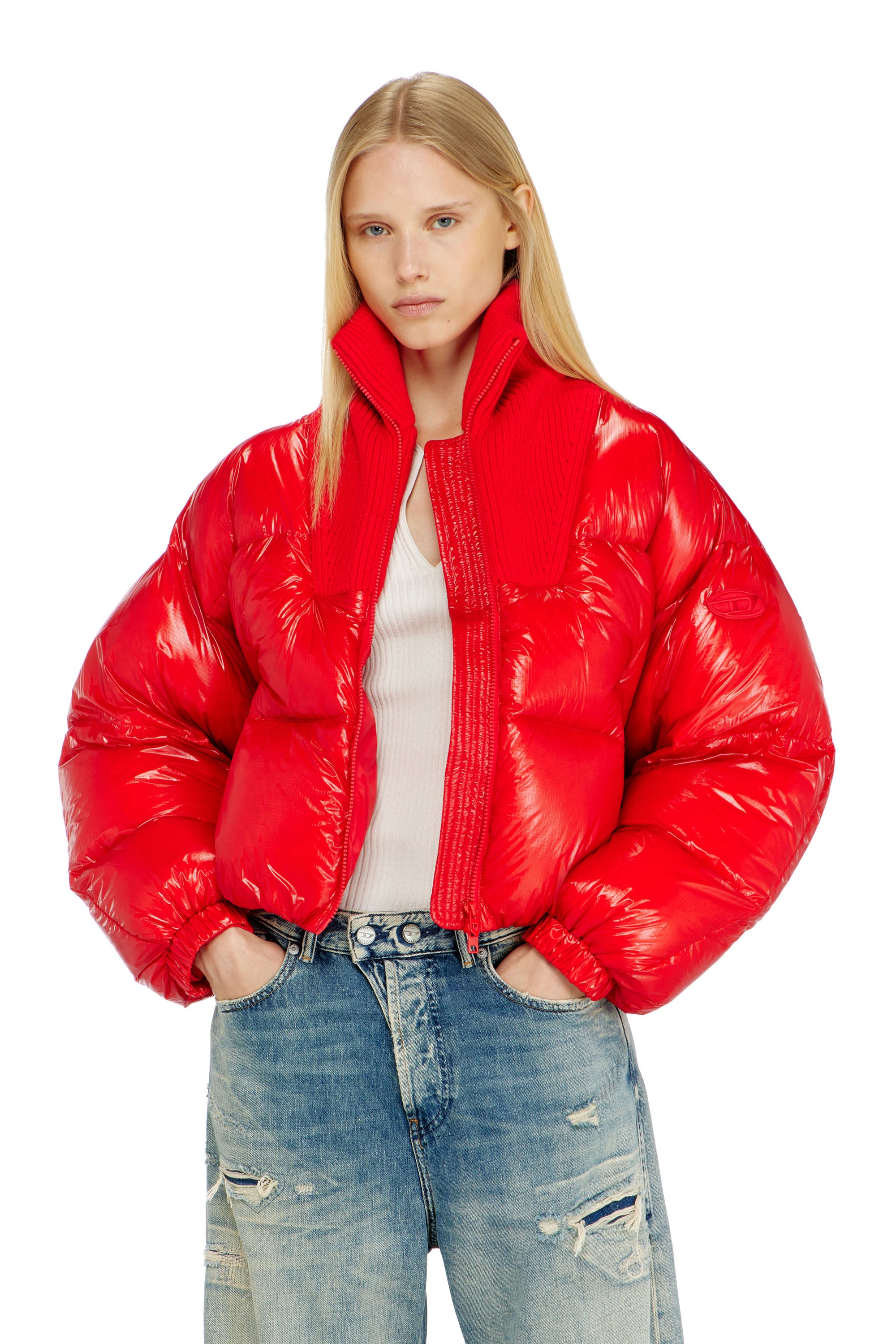 Diesel - Down puffer jacket in ripstop with knitted collar - Winter Jackets - Woman - Red