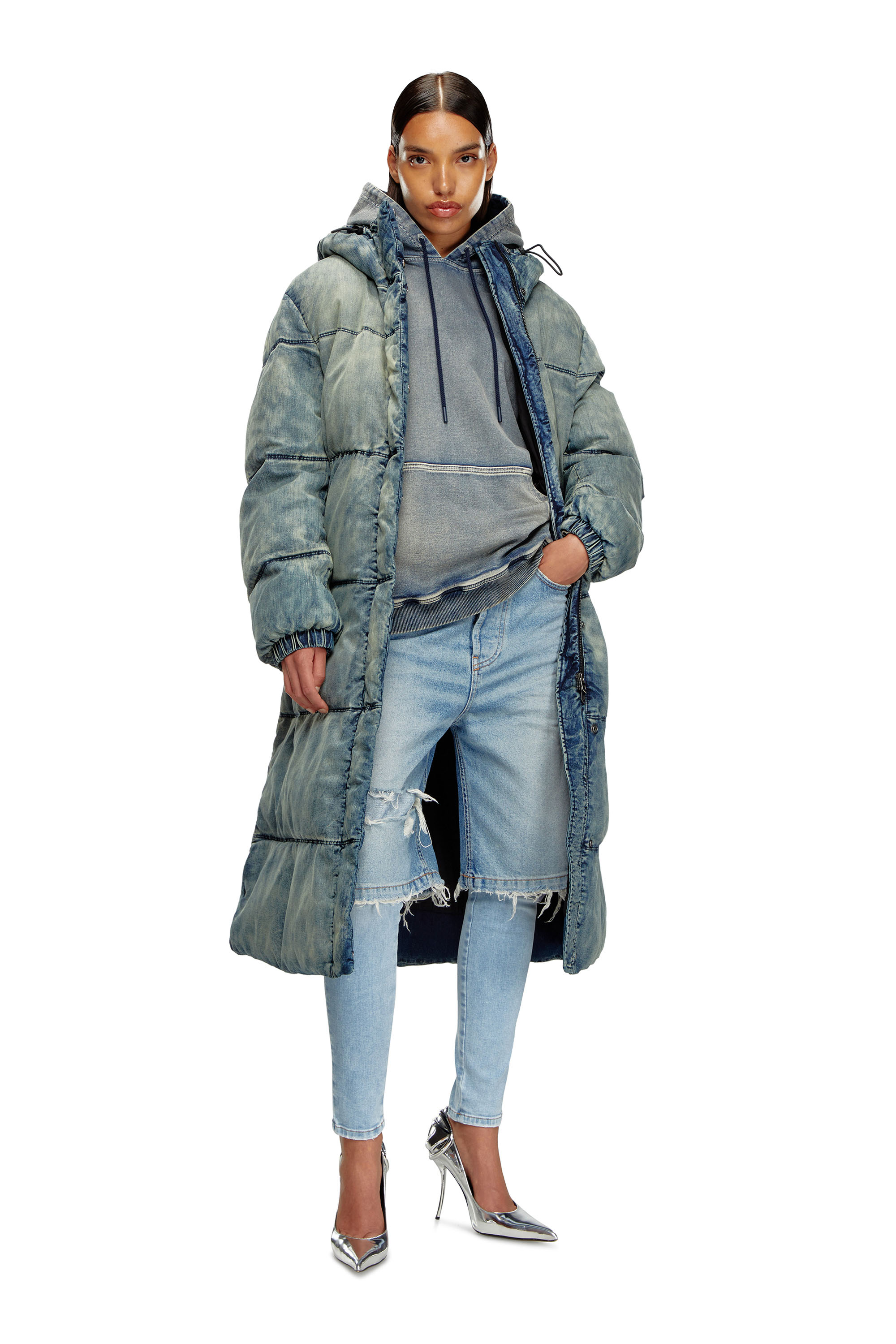 Shop Diesel Hooded Puffer Coat In Stretch Denim In Blue