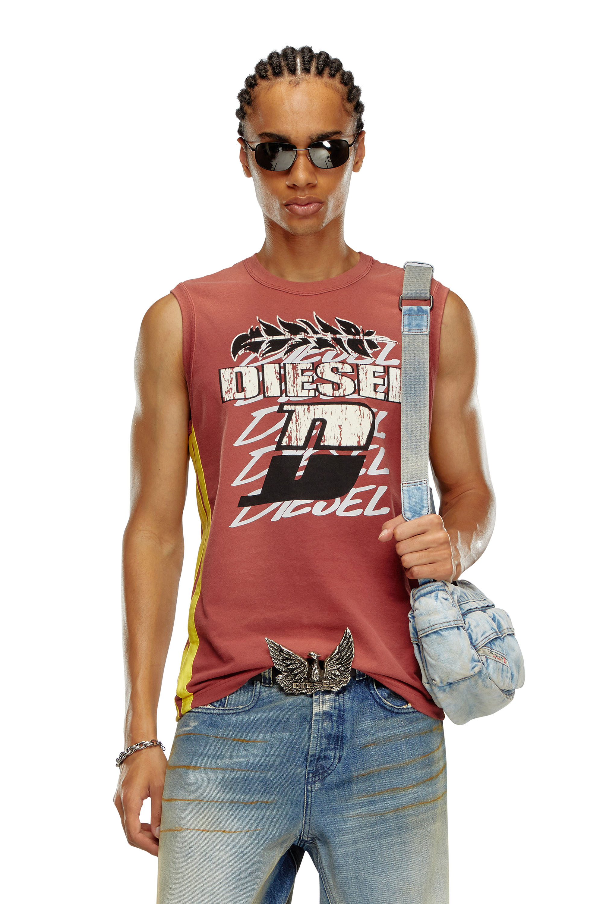 Diesel - Sun-faded tank top with side bands - T-Shirts - Man - Red