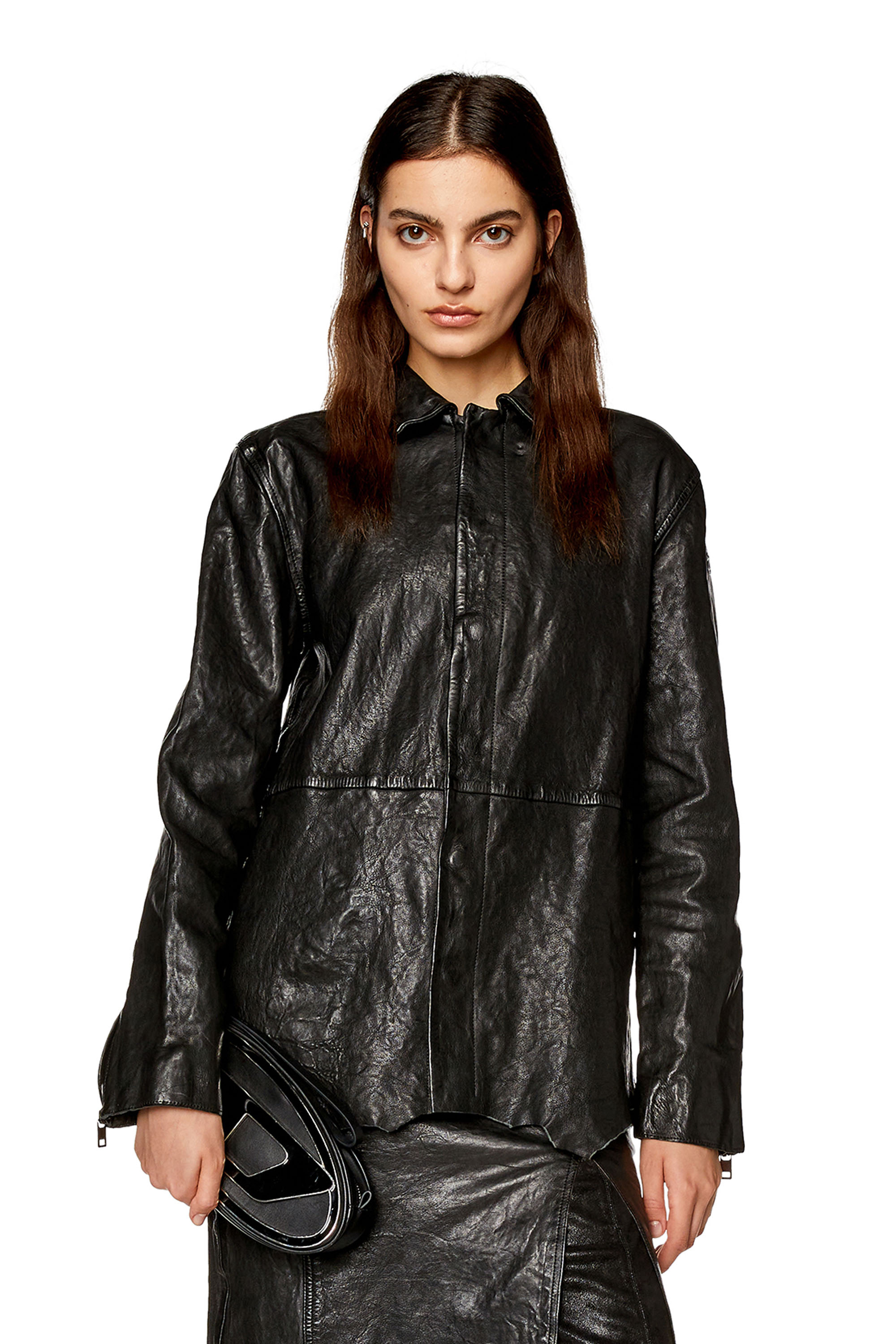 Diesel - Jacket in shiny wrinkled leather - Leather jackets - Woman - Black