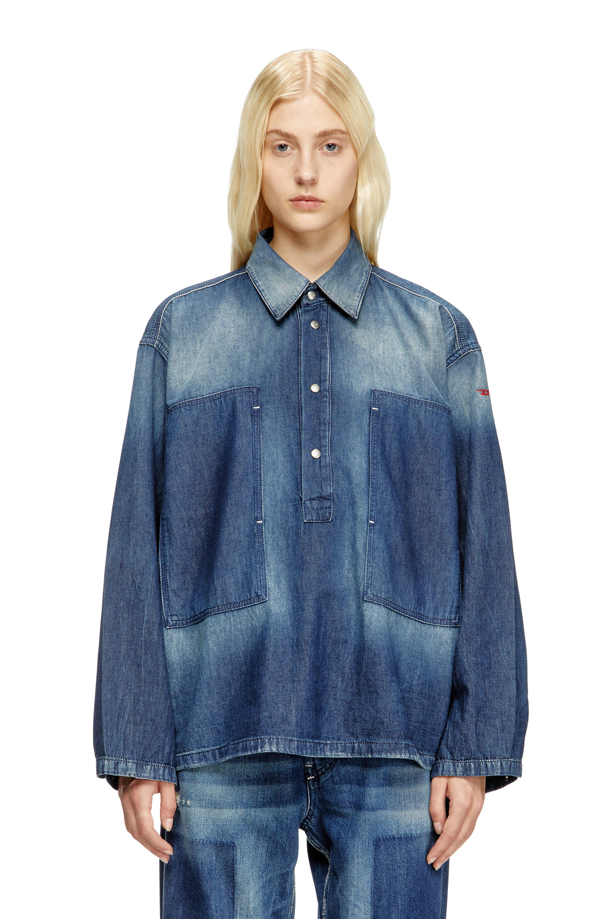 Diesel Henley Top In Contrast-effect Denim