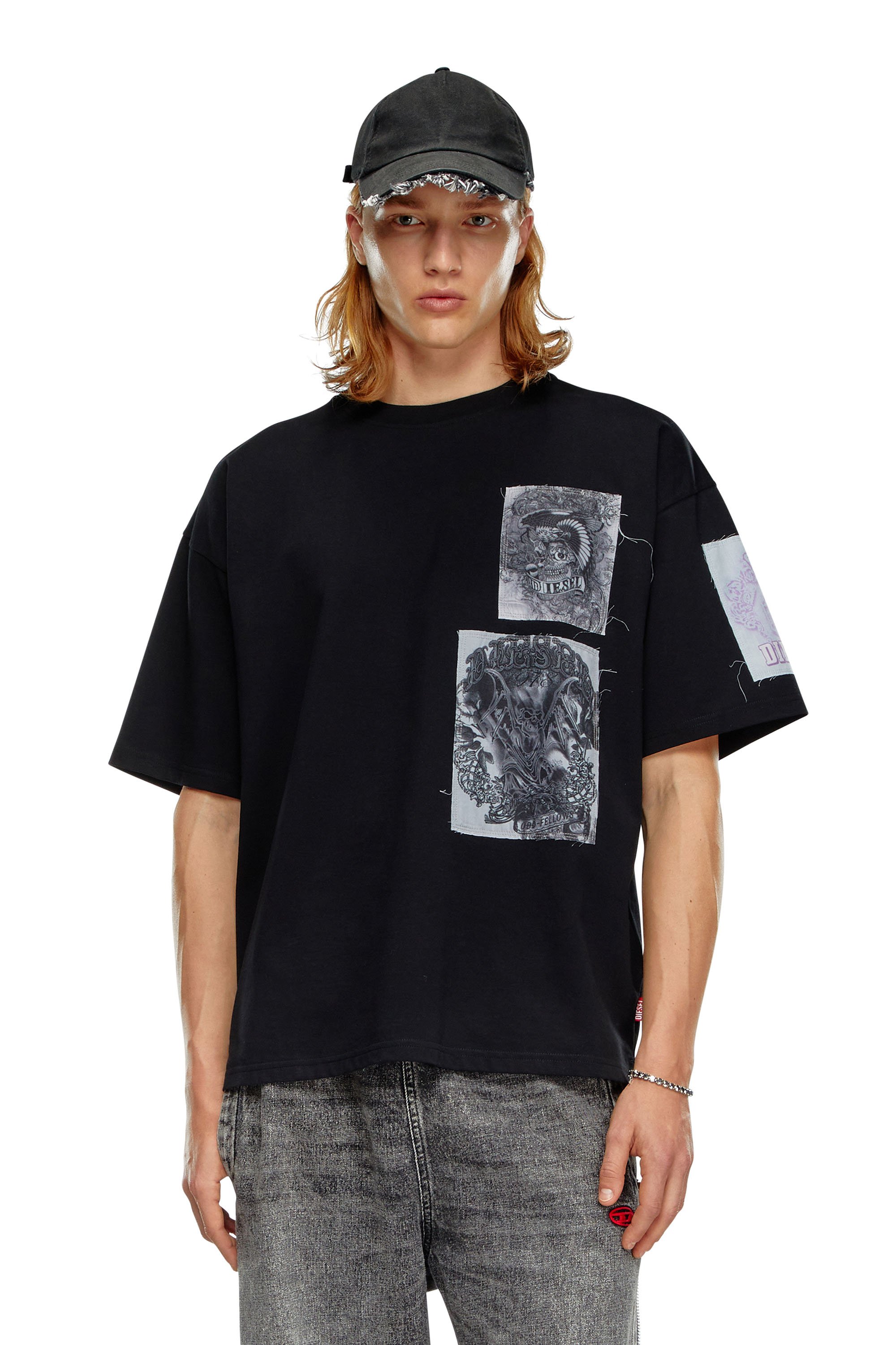 Diesel - T-shirt con patch stampate e sfrangiate - T-Shirts - Uomo - Nero
