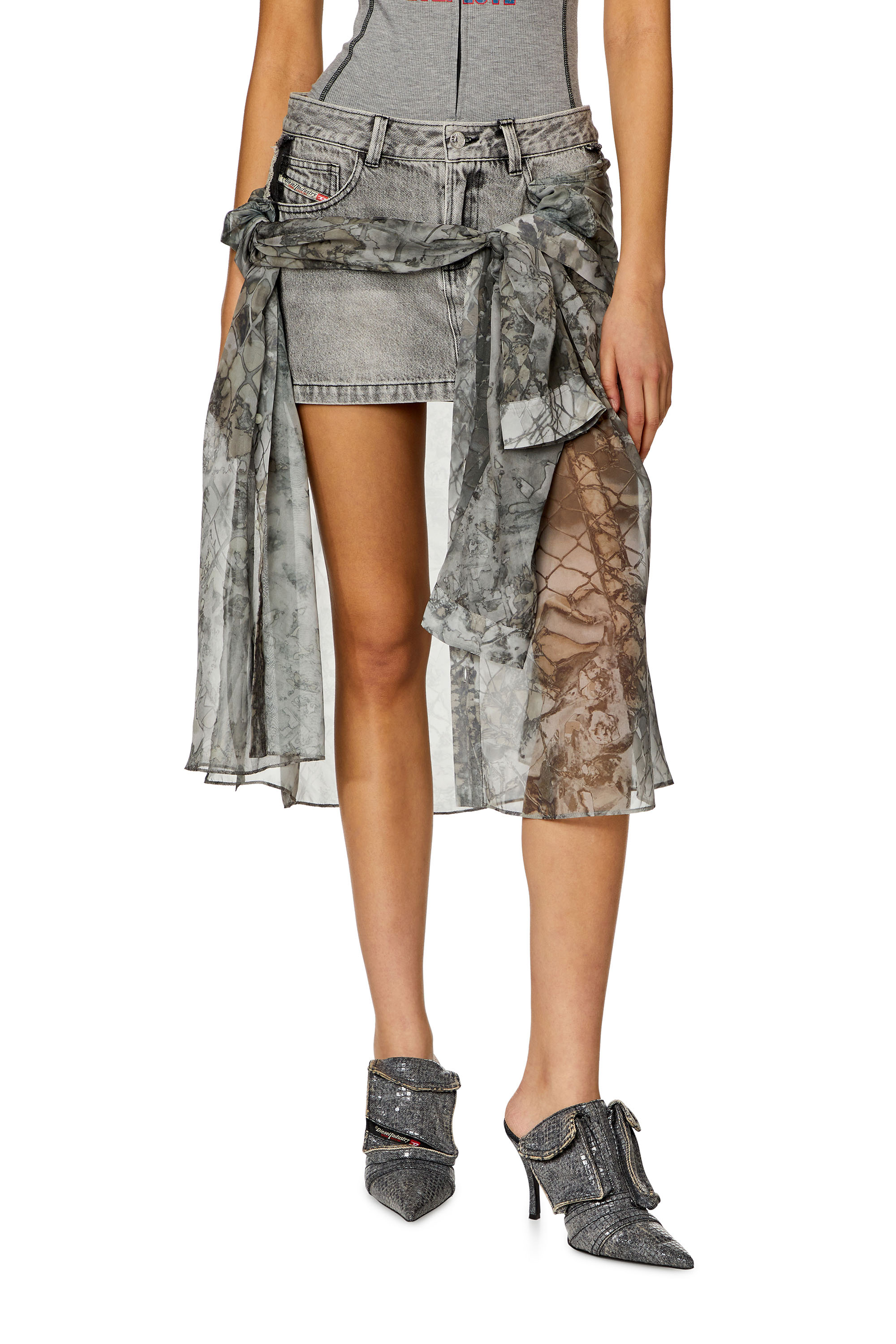 Diesel - Minifalda en denim con capa de chifón - Faldas - Mujer - Gris