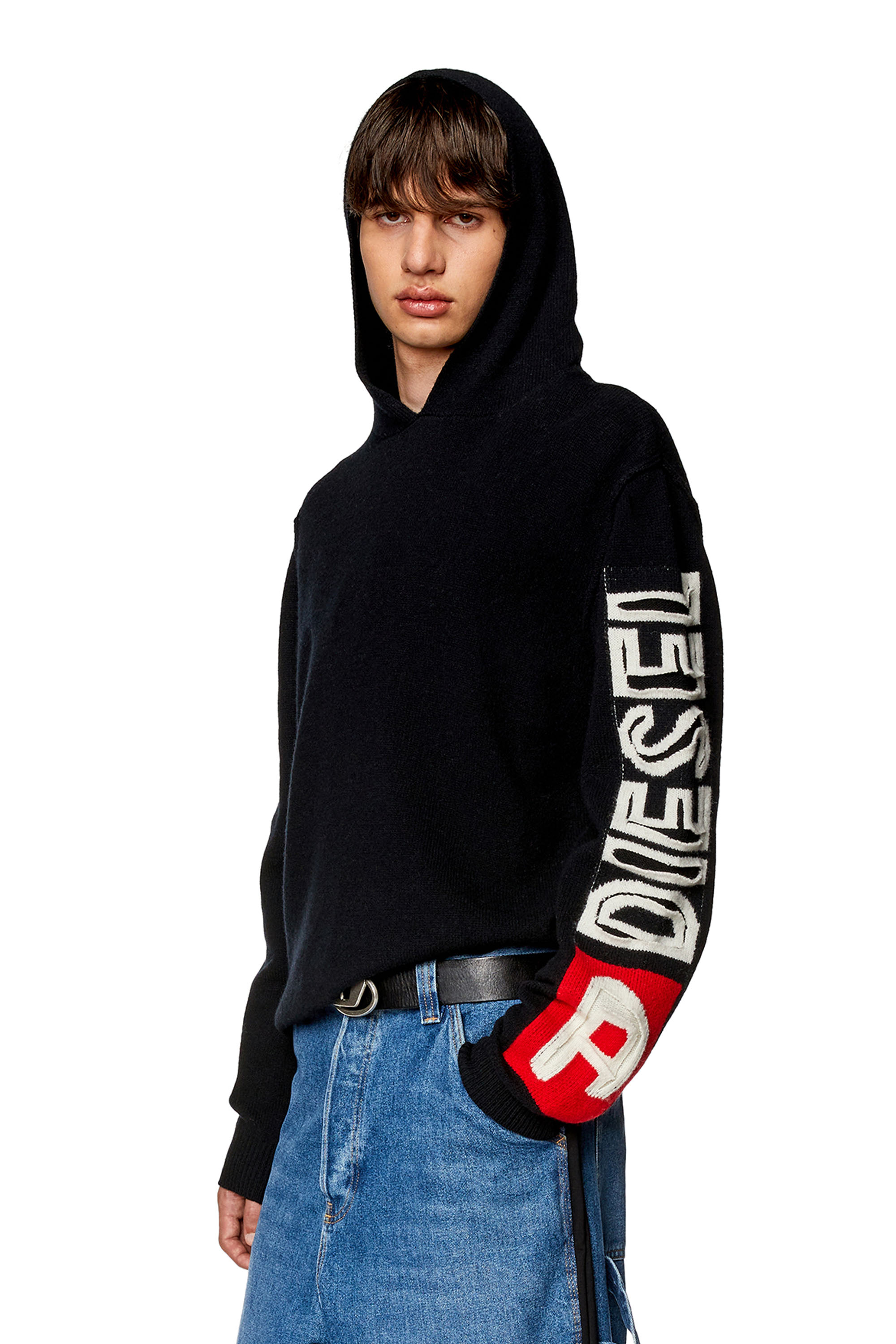 Diesel - Sudadera de lana con capucha y logotipo recortado - Punto - Hombre - Negro