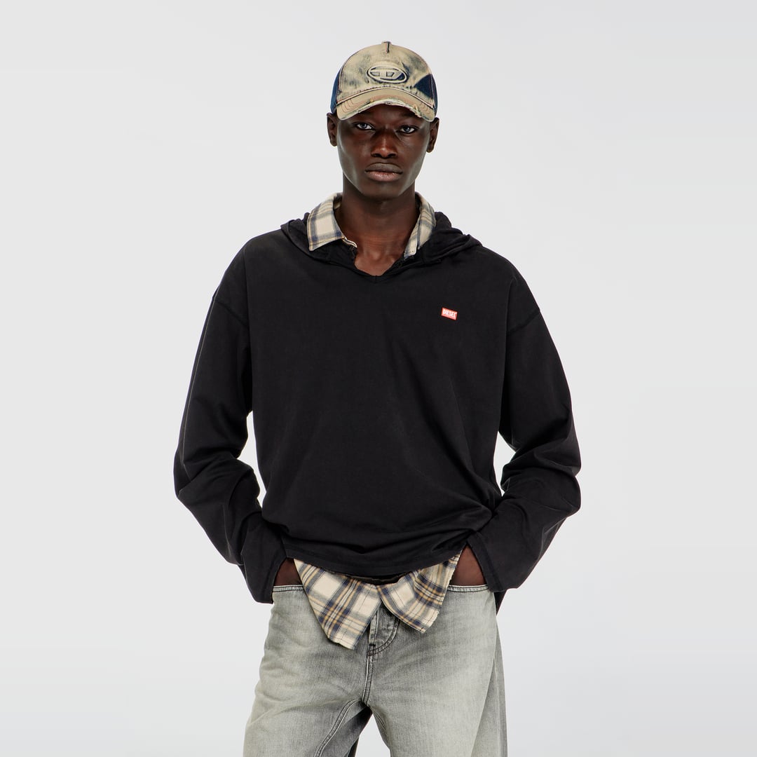 Diesel Raw-Edge V-Neck Check-Flannel Hood - Male - Hoodies - Black - M - Sweatshirts & Hoodies - Image 2