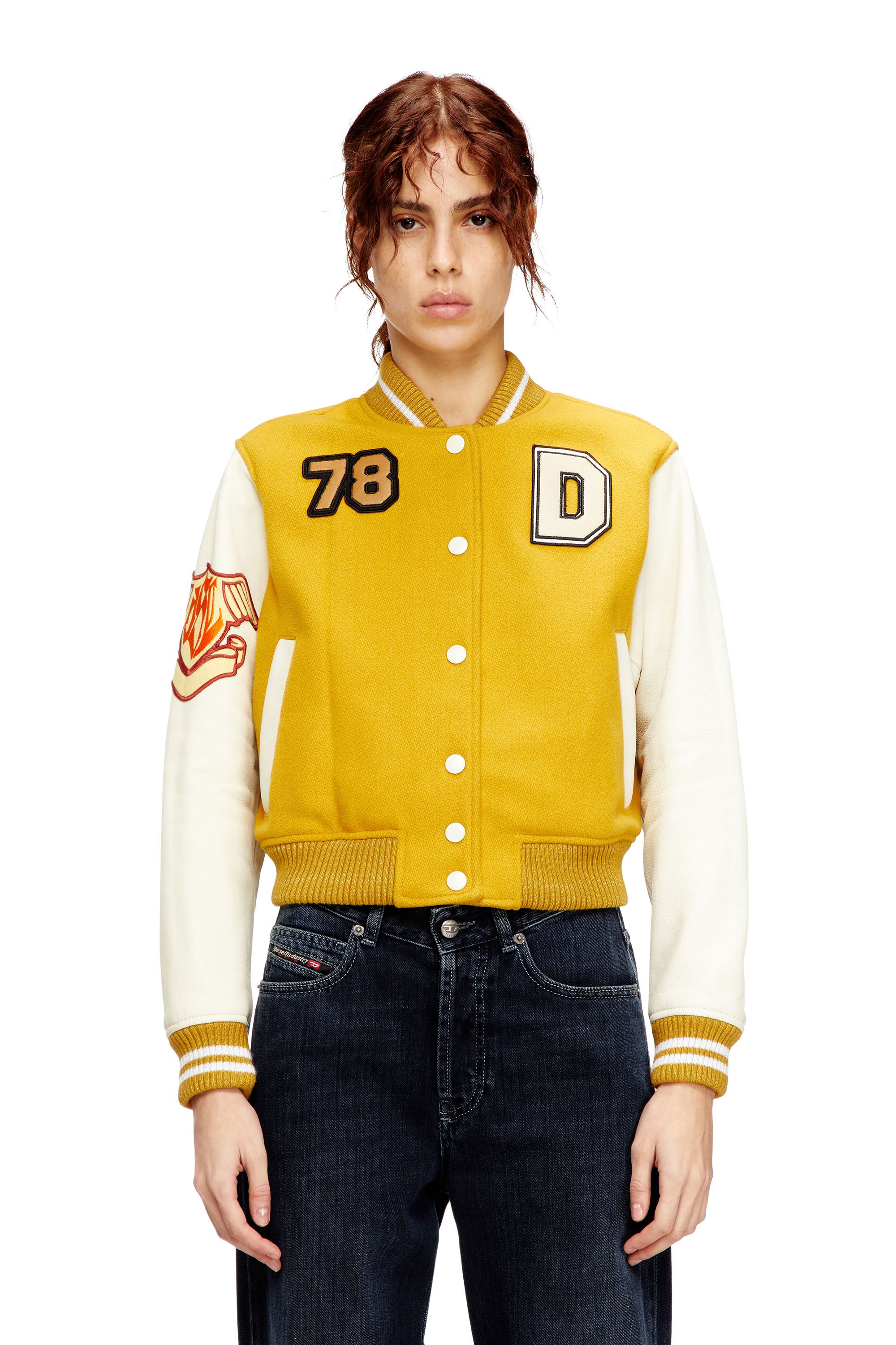 Diesel - L-REAL-CP, Woman's Cropped varsity jacket in wool and leather in White/Yellow - 1