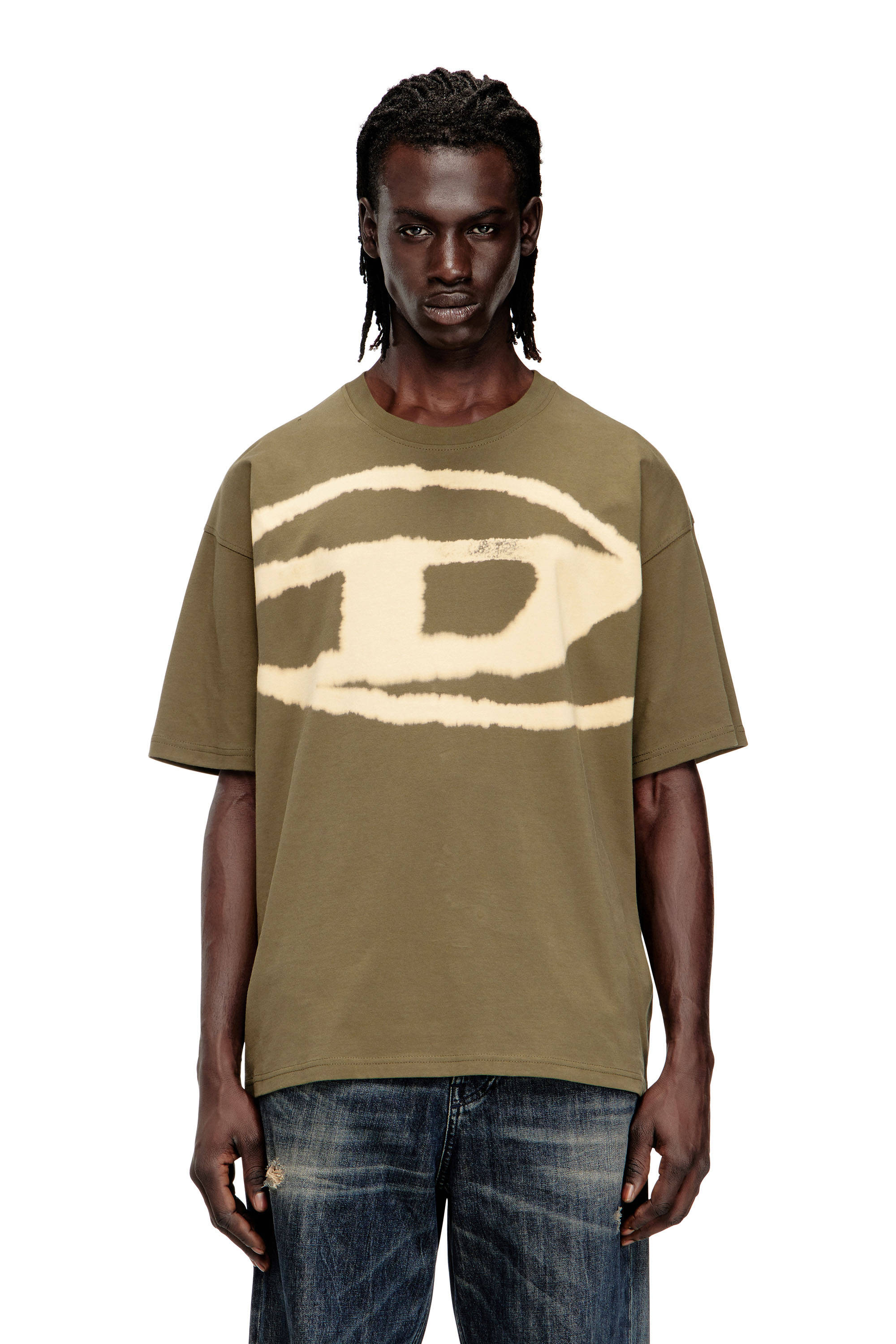 Diesel Men's Green - T-Shirt With Bleached Oval D Logo - T-Shirts - Man Xxs