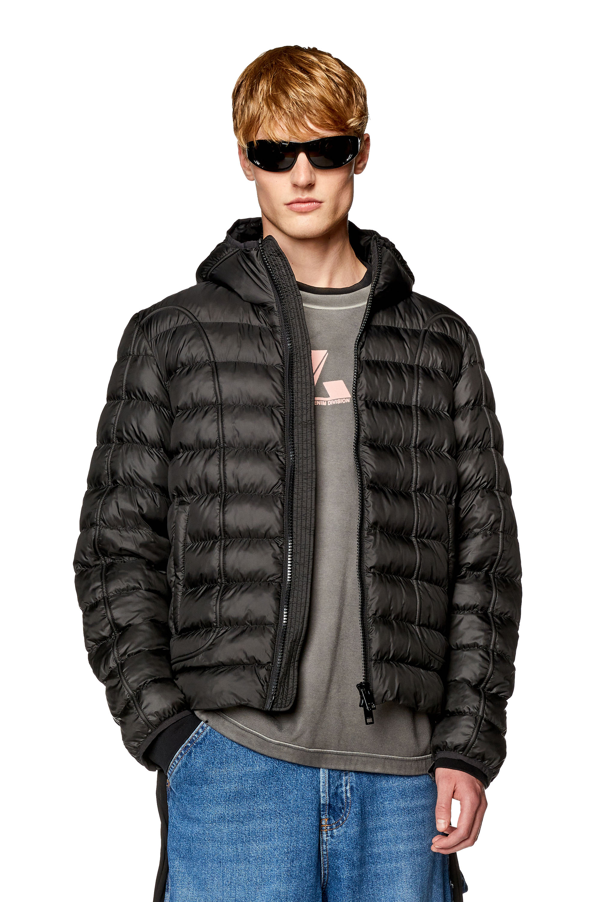 Diesel - Hooded nylon puffer jacket with piping - Winter Jackets - Man - Black