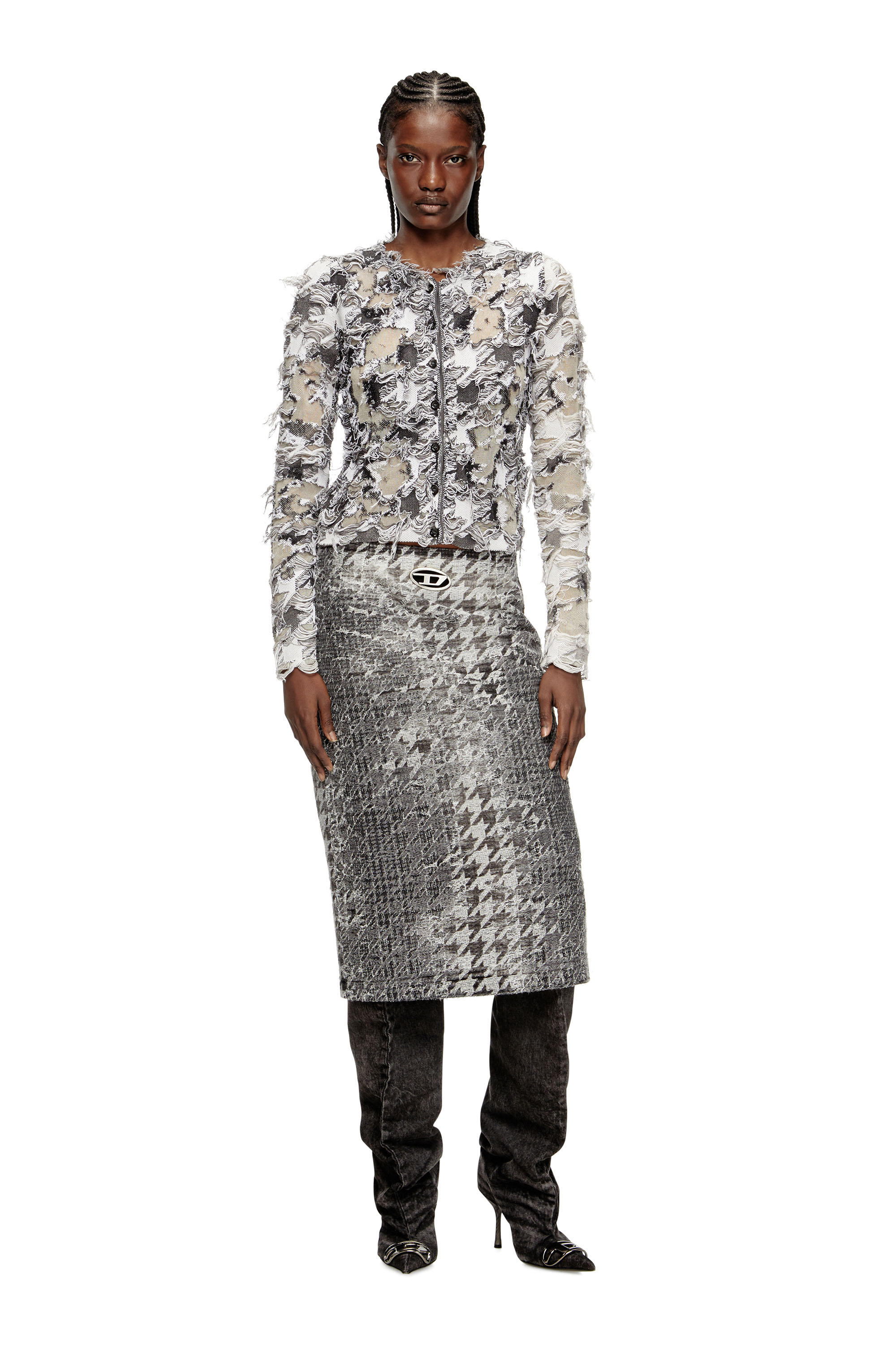 Diesel - M-SIBYLLA, Woman's Cardigan in devor&eacute; houndstooth jacquard in Grey/White - 2