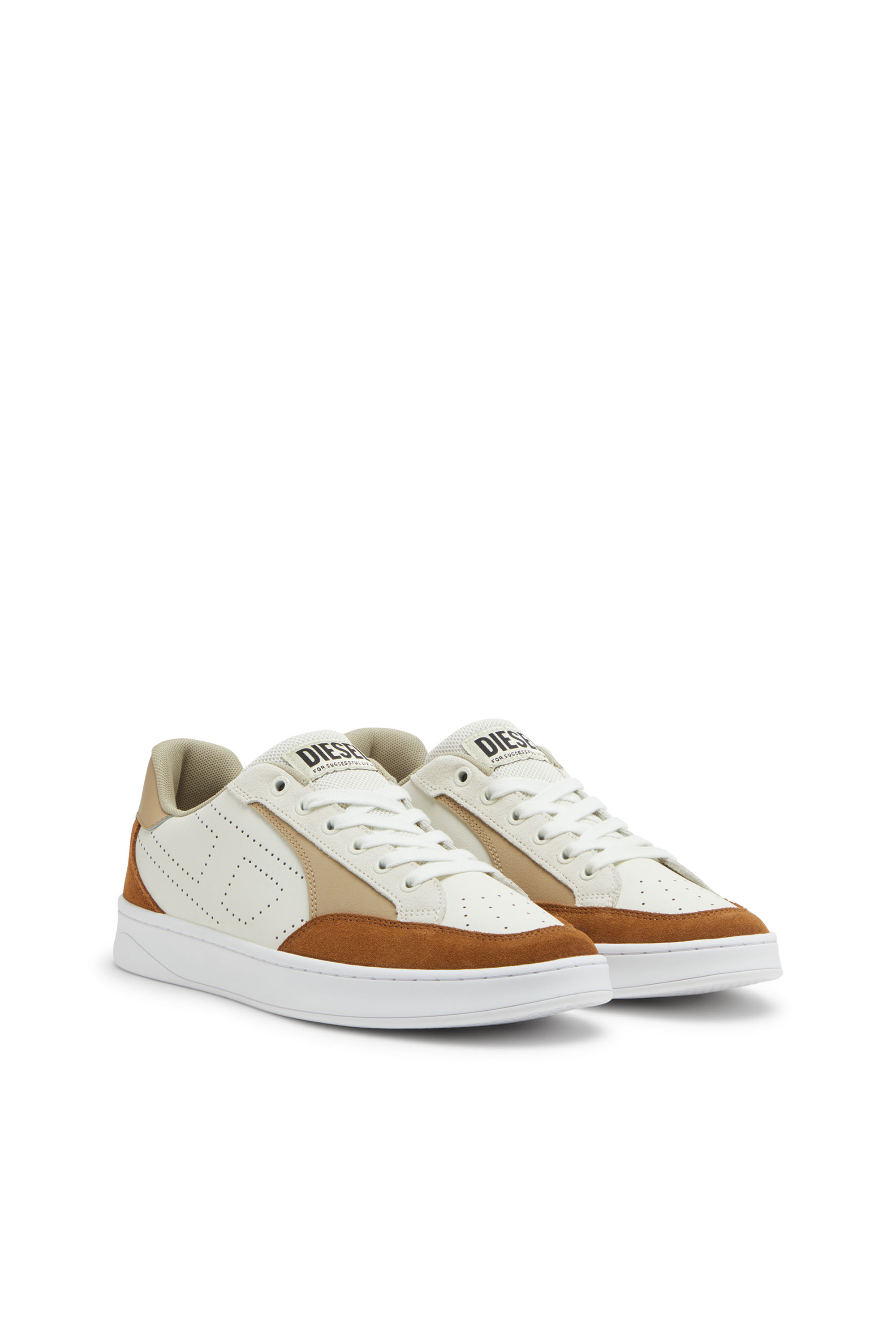 Diesel - S-DAKOTA LOW, Man's S-Dakota-Leather sneakers with perforated logo in Brown/White - 2