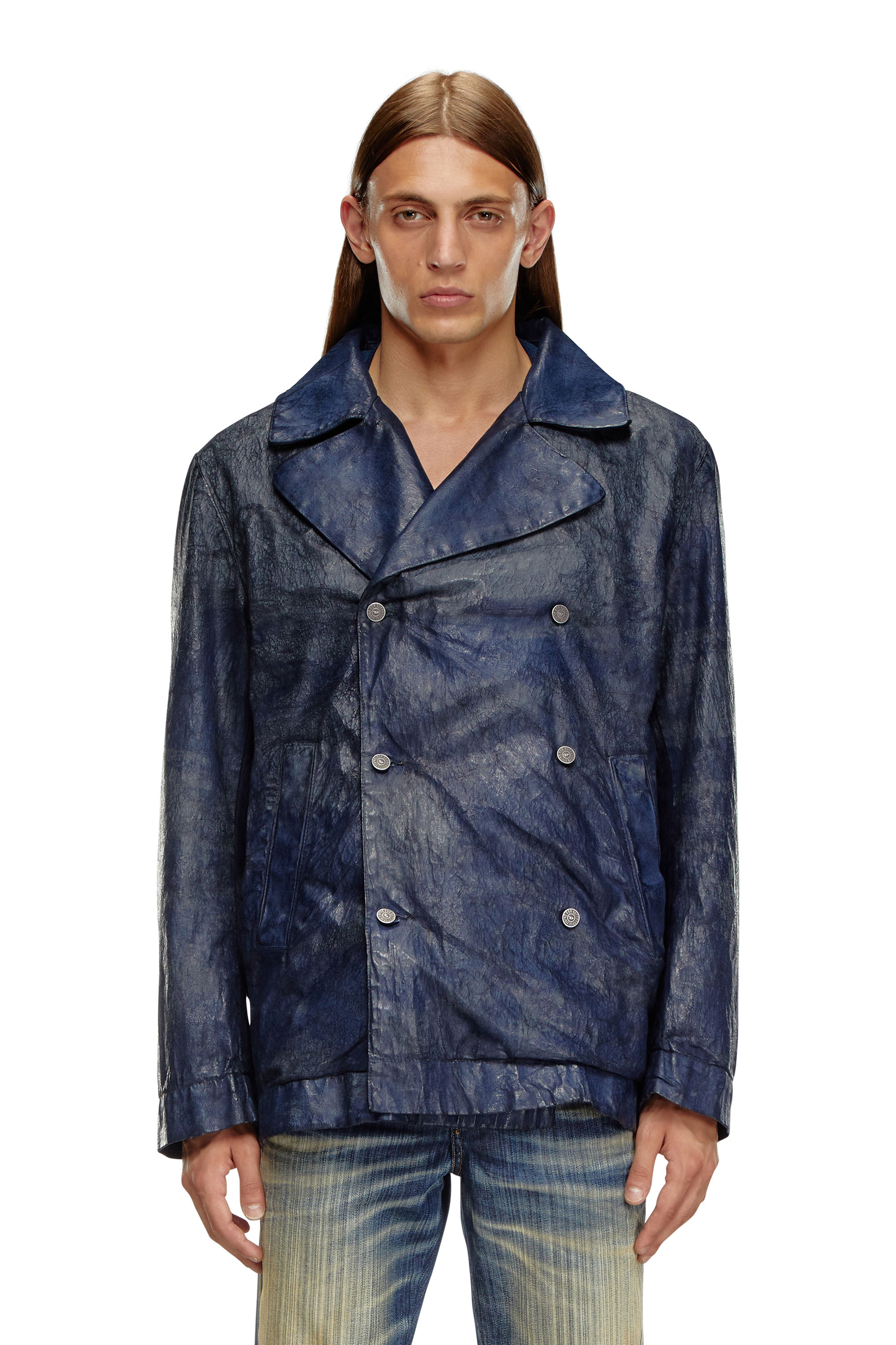 Shop Diesel Double-breasted Jacket In Coated Denim In Tobedefined