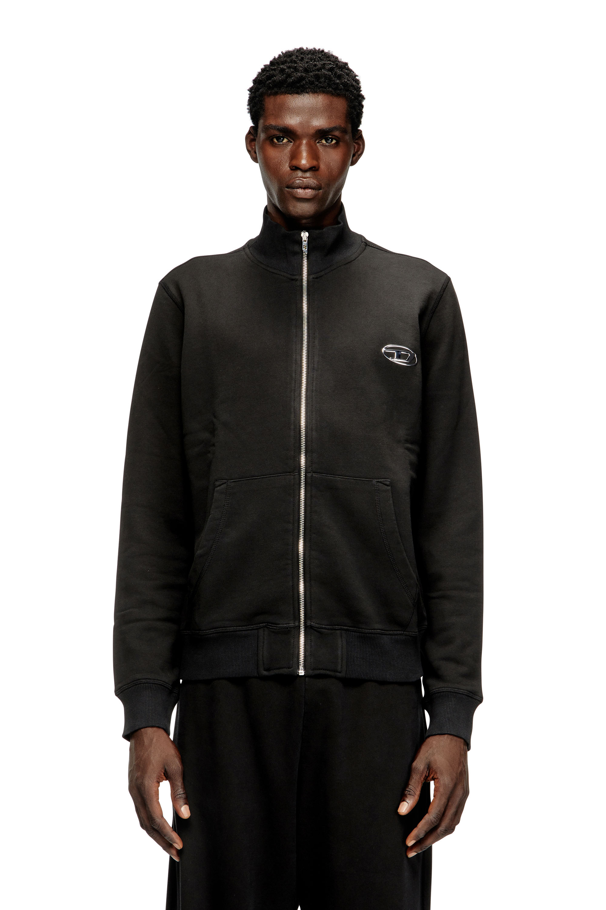 Diesel - S-GINN-ZIP-IOD, Man's Wweatshirt with mock neck and metallic Oval D in Black - 1