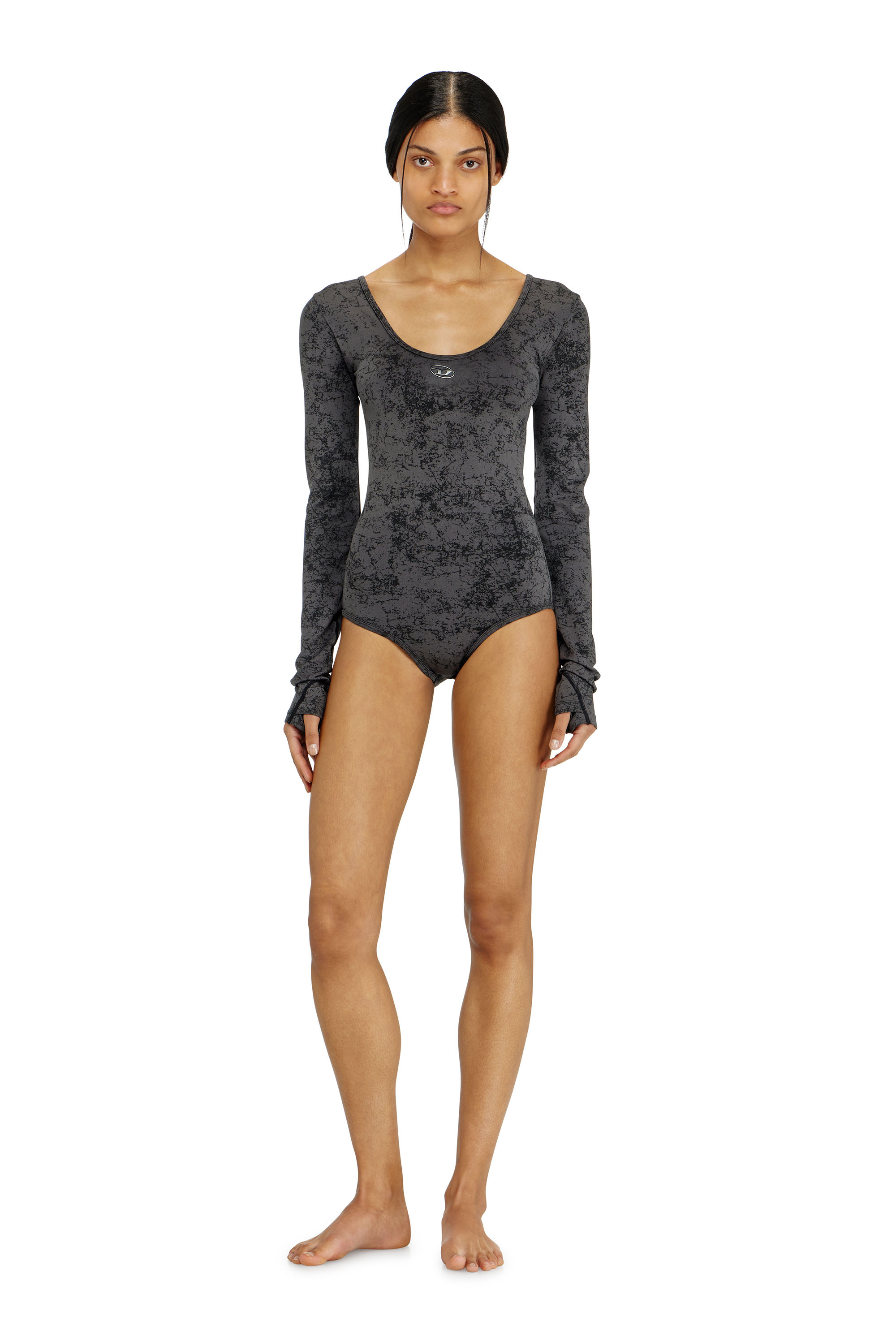Diesel - IONNA-UTLT, Woman's Open-back bodysuit with utilitarian print in Black - 1