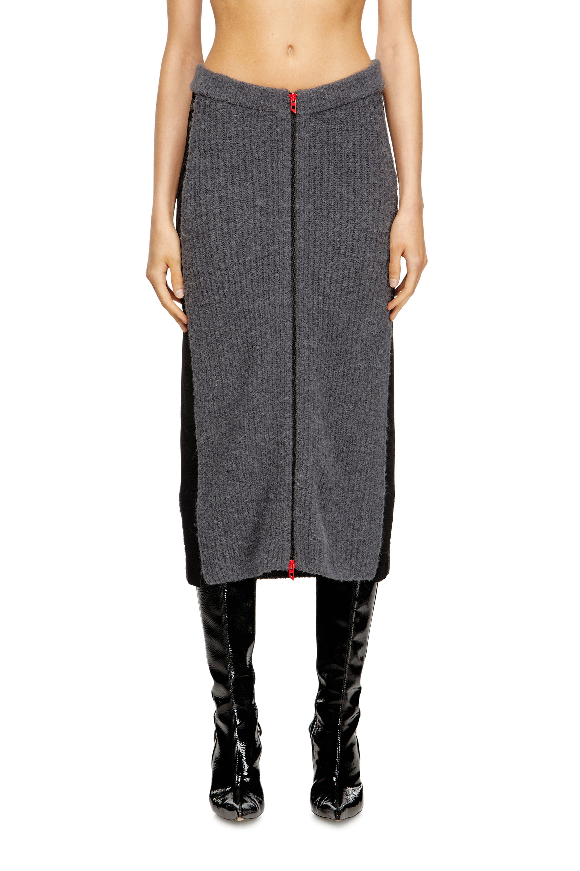Diesel - M-LOUSI, Woman's Midi skirt in alpaca with front zipper in Grey - 1