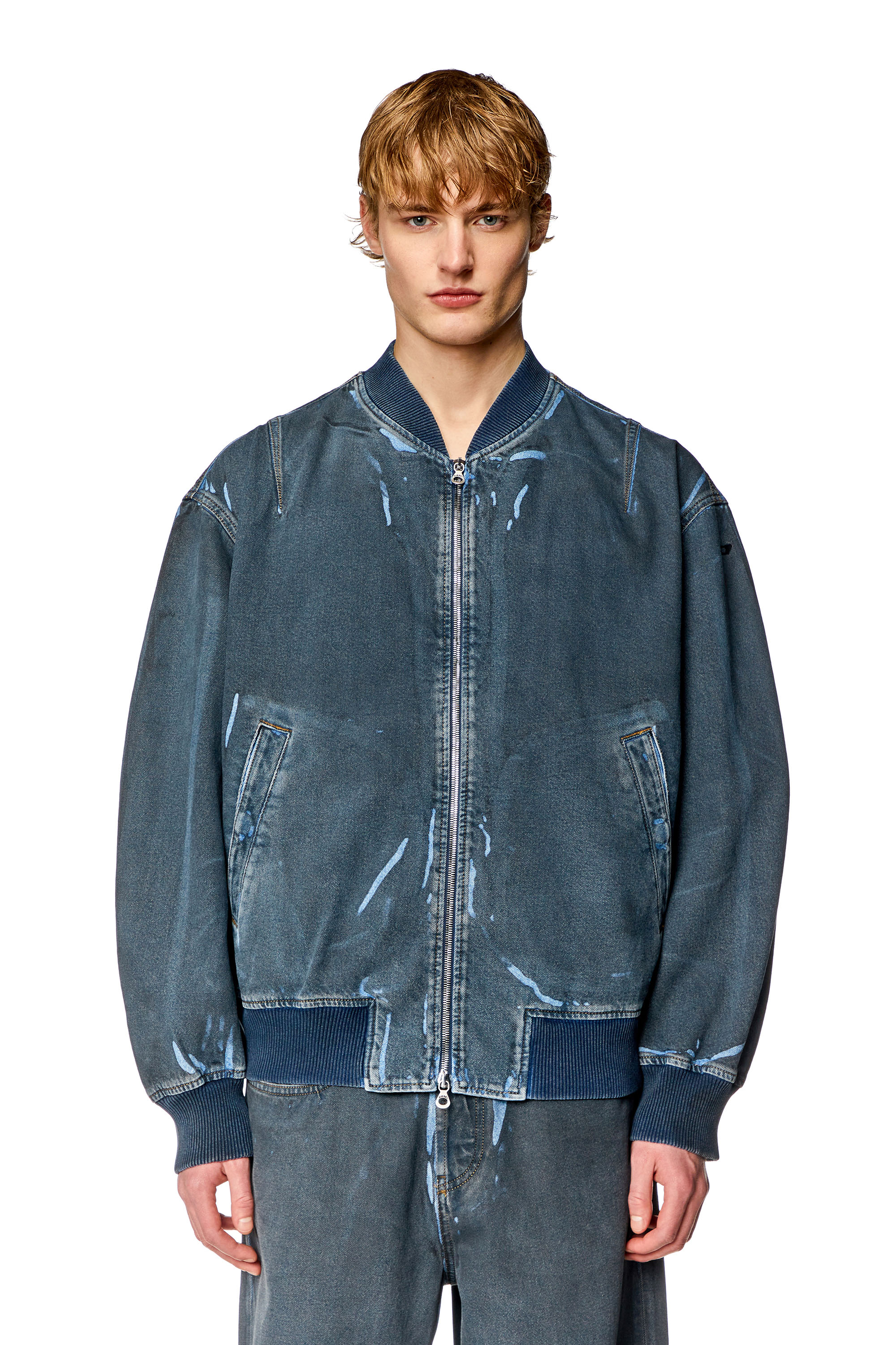 Diesel - Bomber jacket in used-effect coated denim - Denim Jackets - Man - Blue