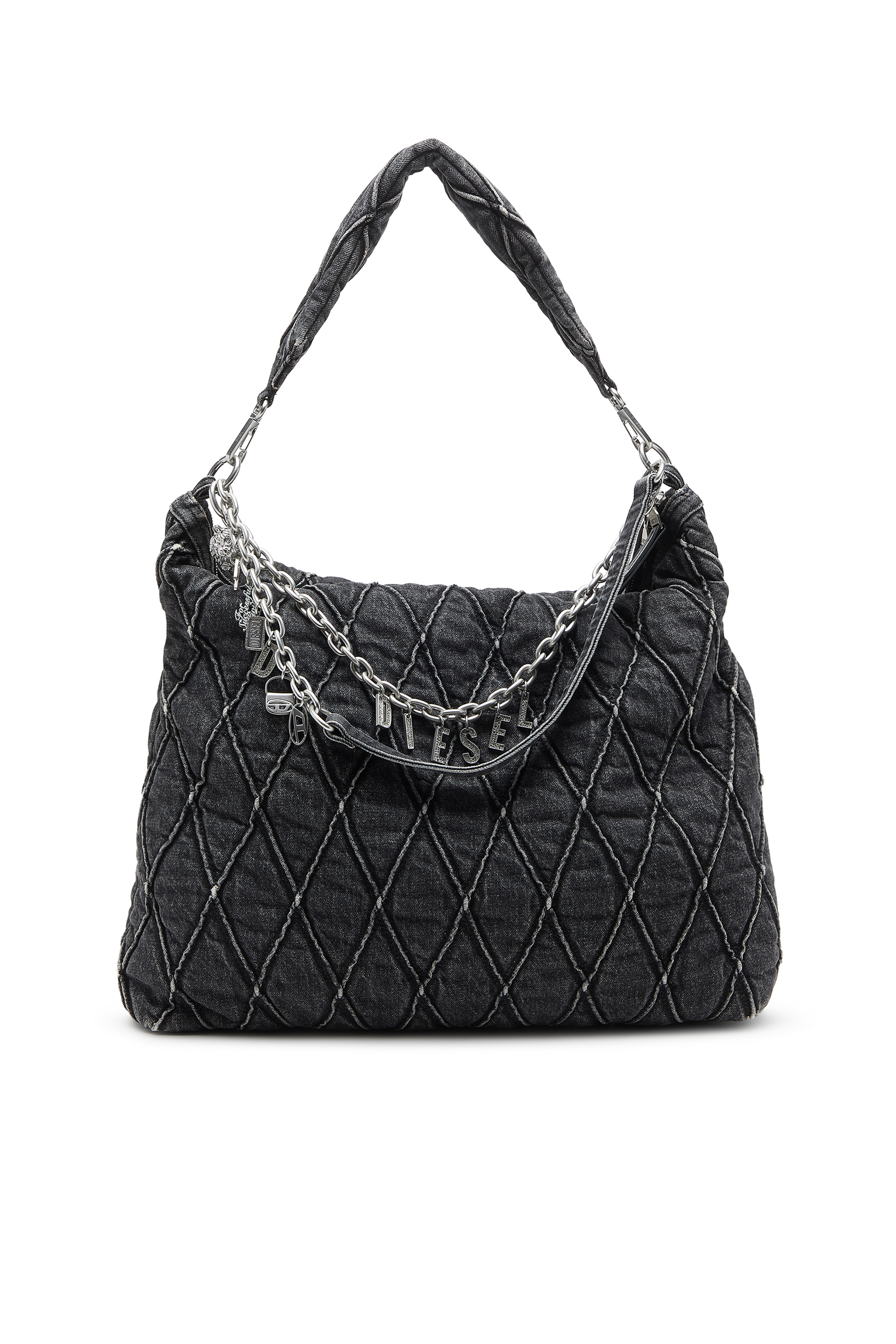 Diesel Quilted-denim Hobo Bag With Chain Charms In Black