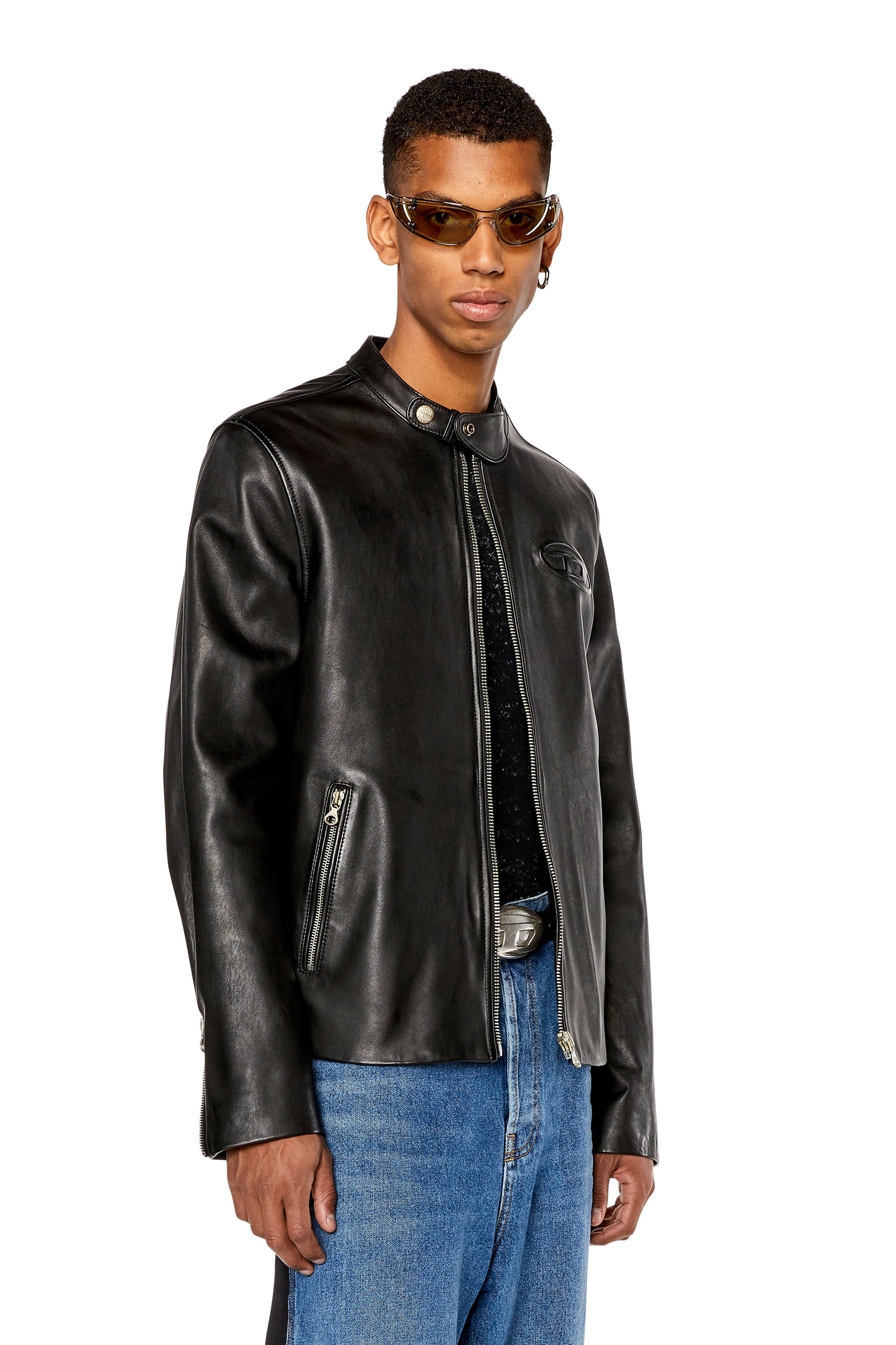 Diesel - Leather biker jacket with distressed logo - Leather jackets - Man - Black