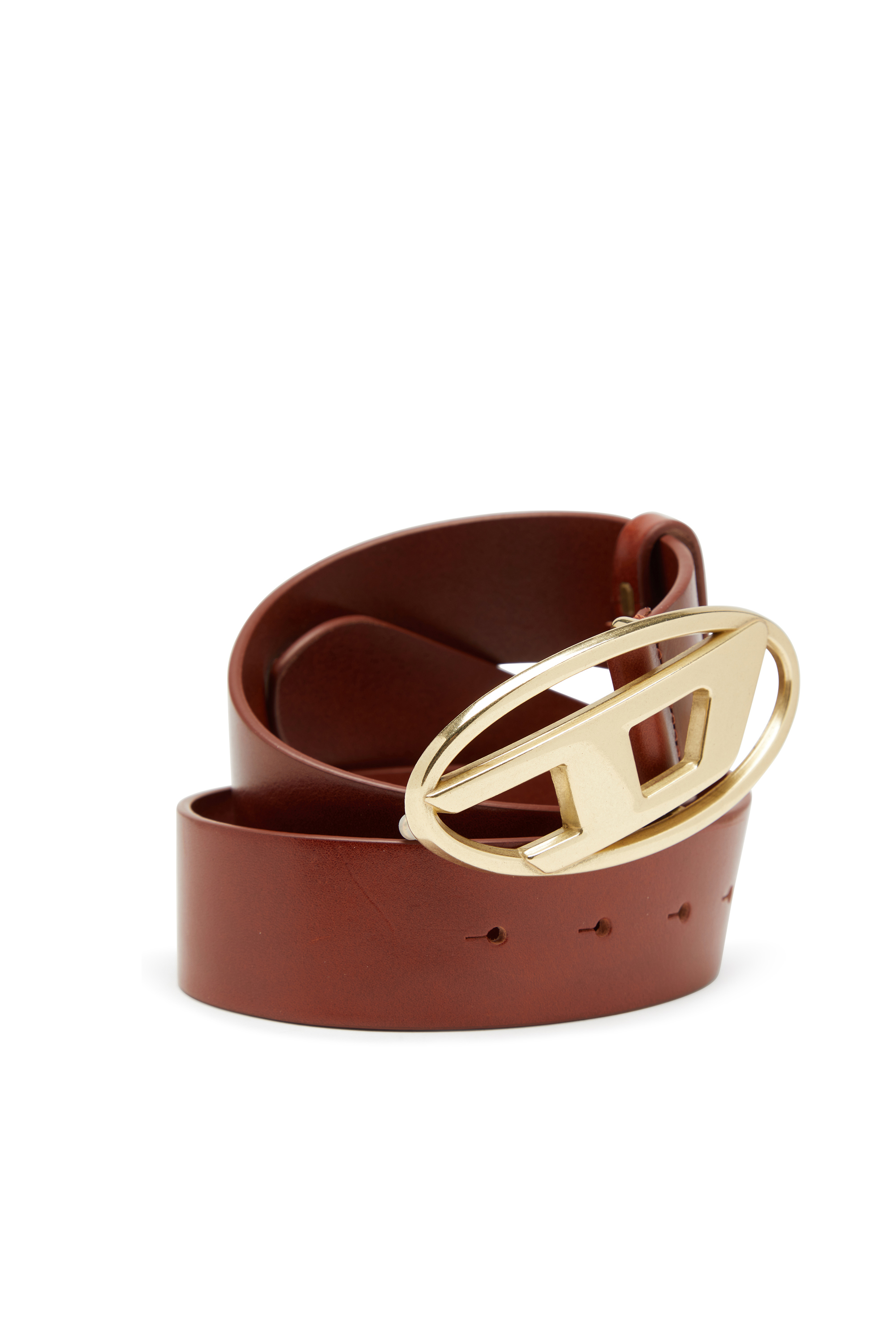 Diesel - B-1DR W, Unisex's 4 cm leather belt with Oval D buckle in Brown/Oro - 3