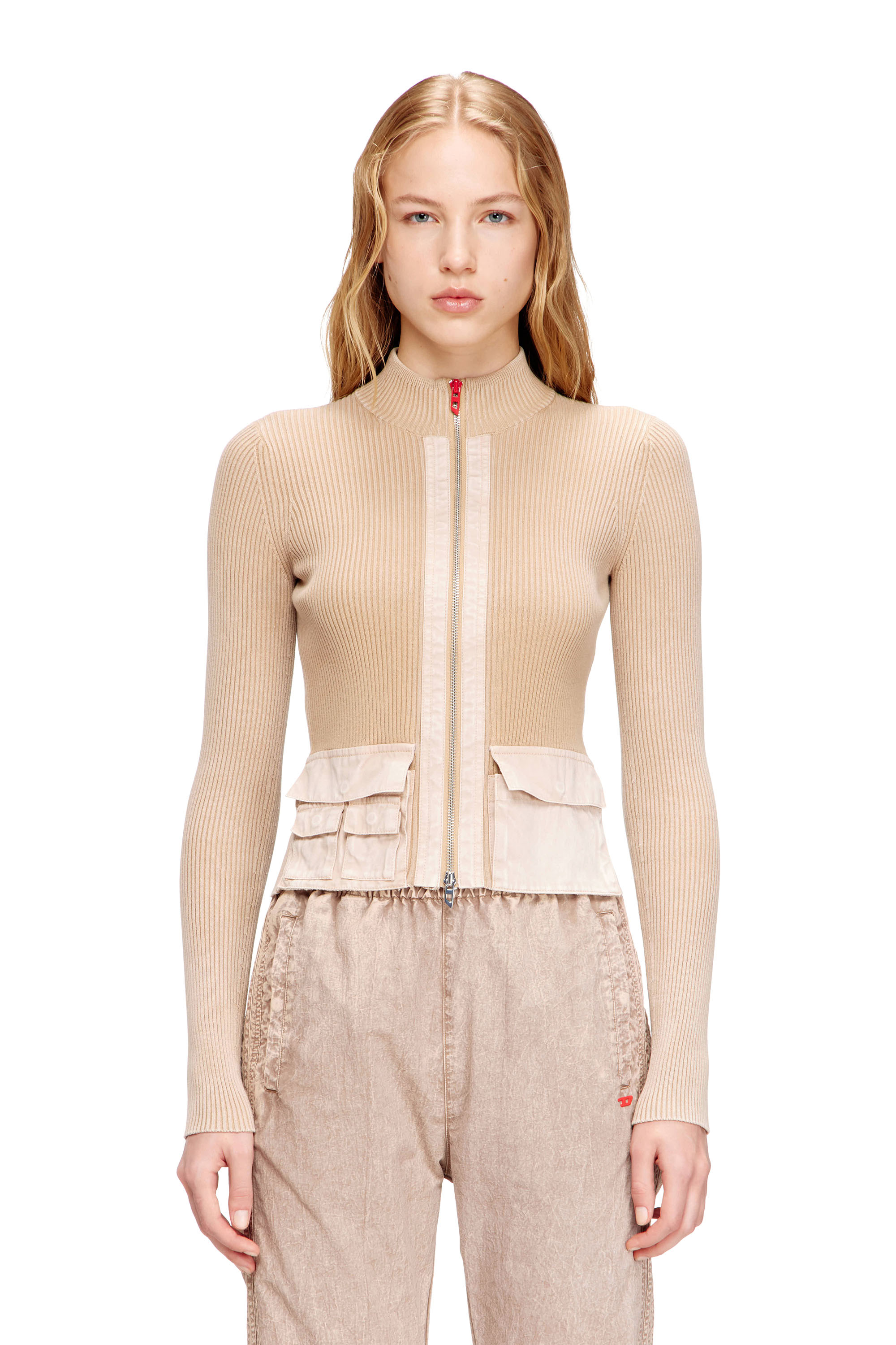 Diesel Ženský Béžový - Zip-Up Cardigan With Denim Cargo Pockets - Knitwear - Woman Malý