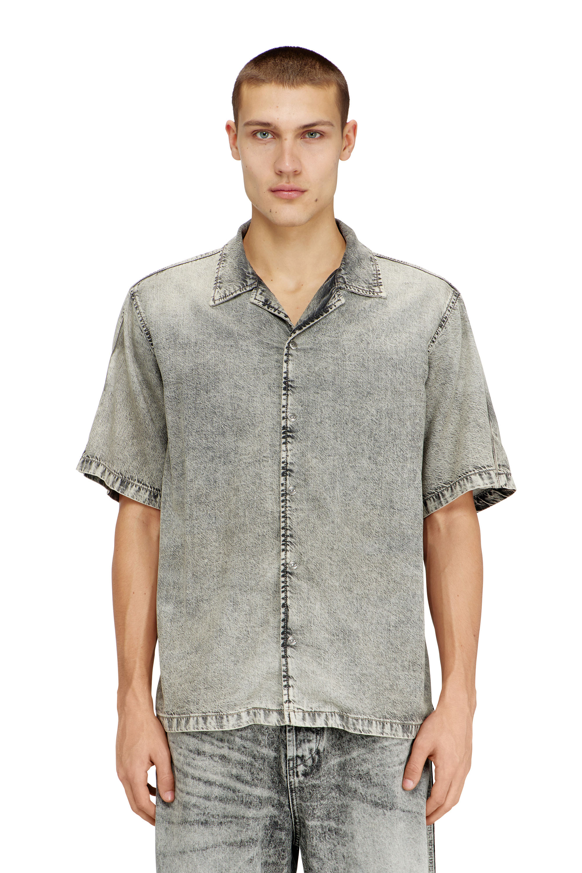Diesel - D-NABIL-S8, Man's Short-sleeve shirt in fluid treated denim in Grey - 1