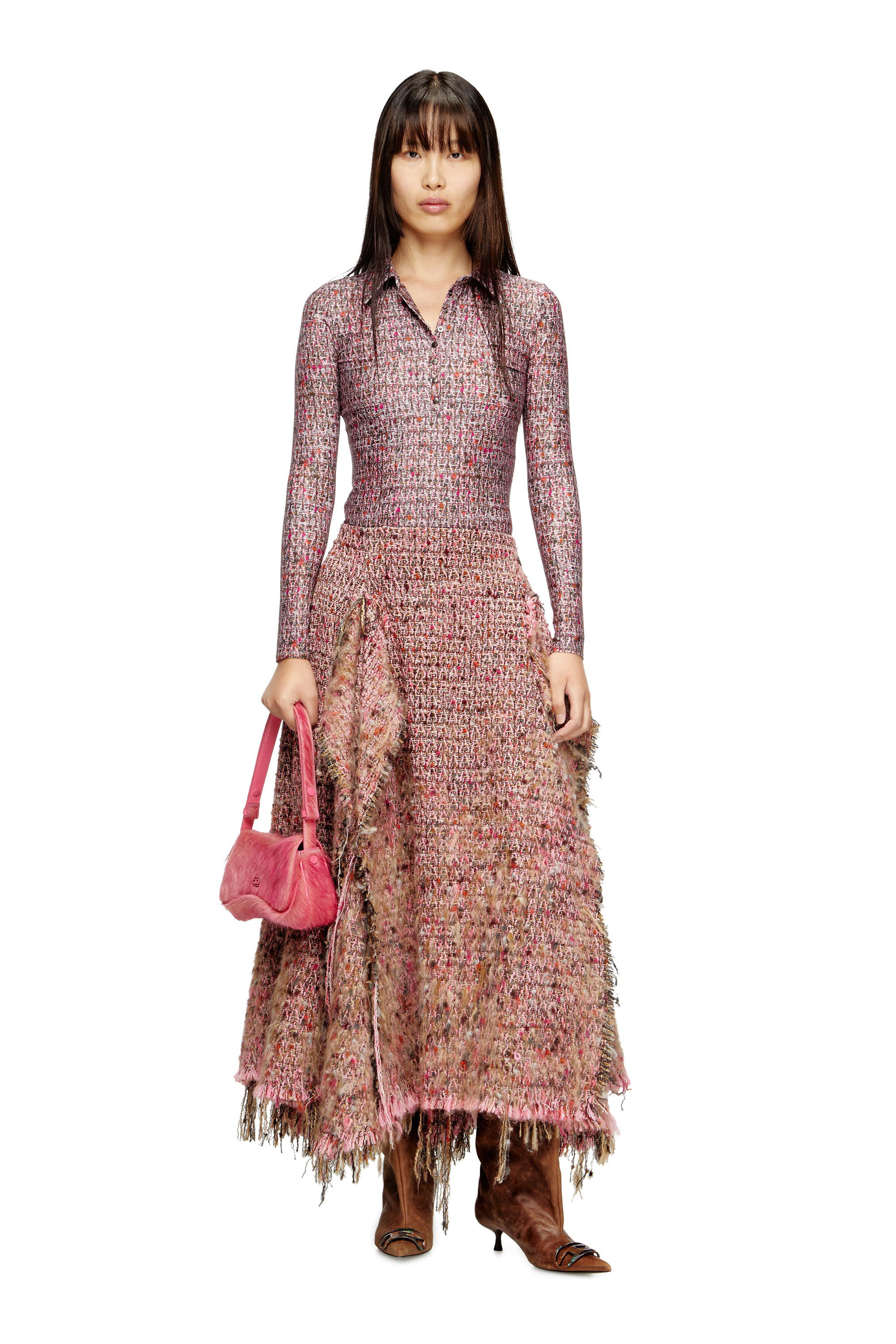 Diesel - O-RIELLA, Woman's Brushed bouclé skirt with frayed hem in Pink - 2