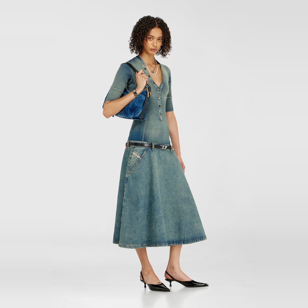 Diesel - Drop-waist midi dress in knit and denim - Dresses - Woman - Blue